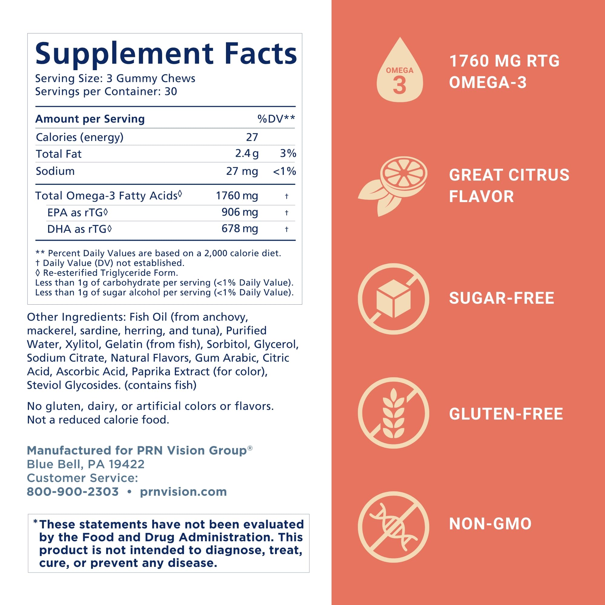 Omega 3 Gummy Chewables - 90 Gel Chews, 30-Day Supply, Citrus Flavor - 1760mg Ultra-Pure rTG Omega 3 for Eye, Heart, Brain, Joint & Immune Health PRN Physician Recommended Nutriceuticals Au supplements