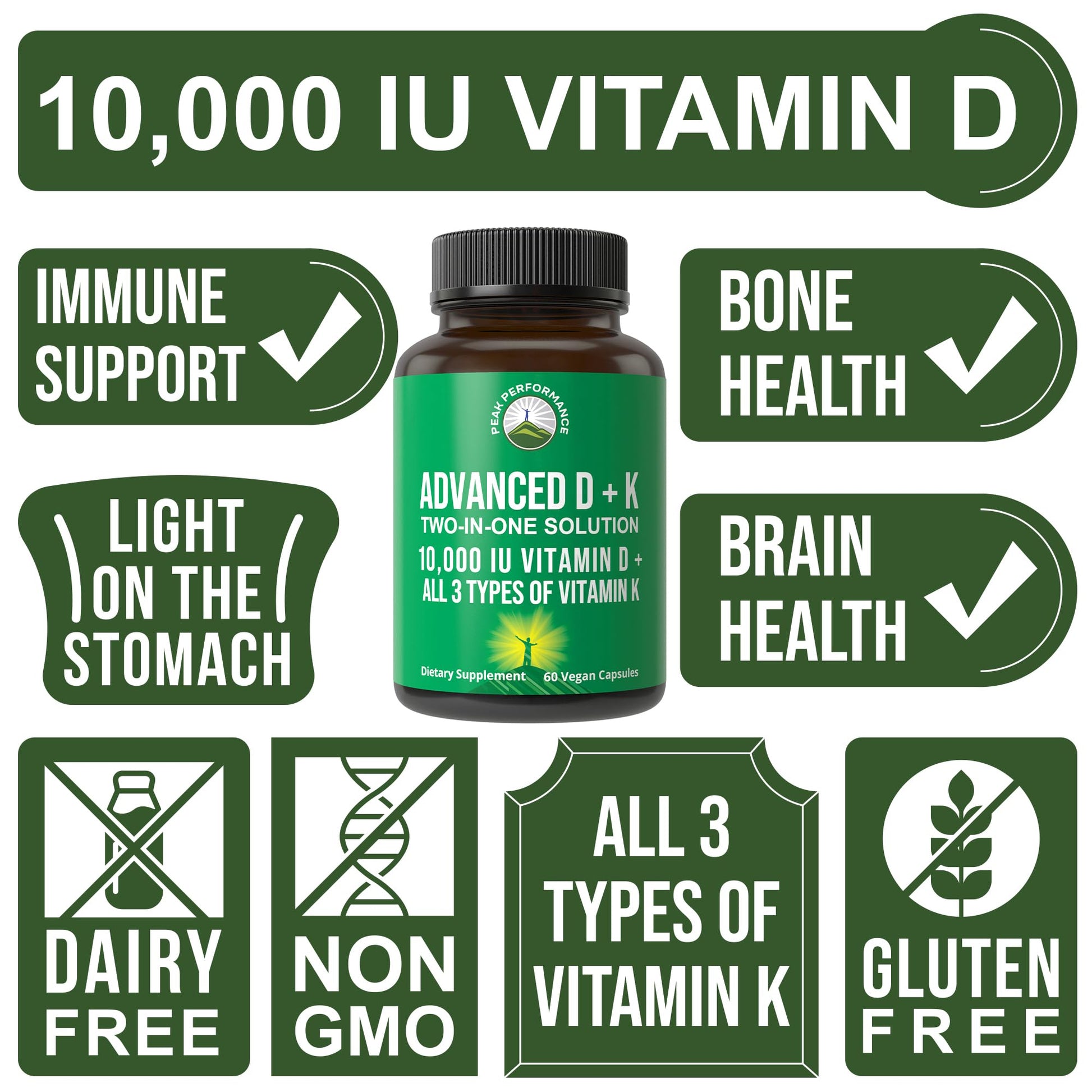 Peak Performance Advanced Vitamin D 10000 IU with All 3 Types of Vitamin K - 10,000 Vitamin D3 and Vitamin K2, K1, MK-7 (MK7), MK4 Capsules Supplement - 60 Small and Easy to Swallow Pills Peak Performance Au supplements