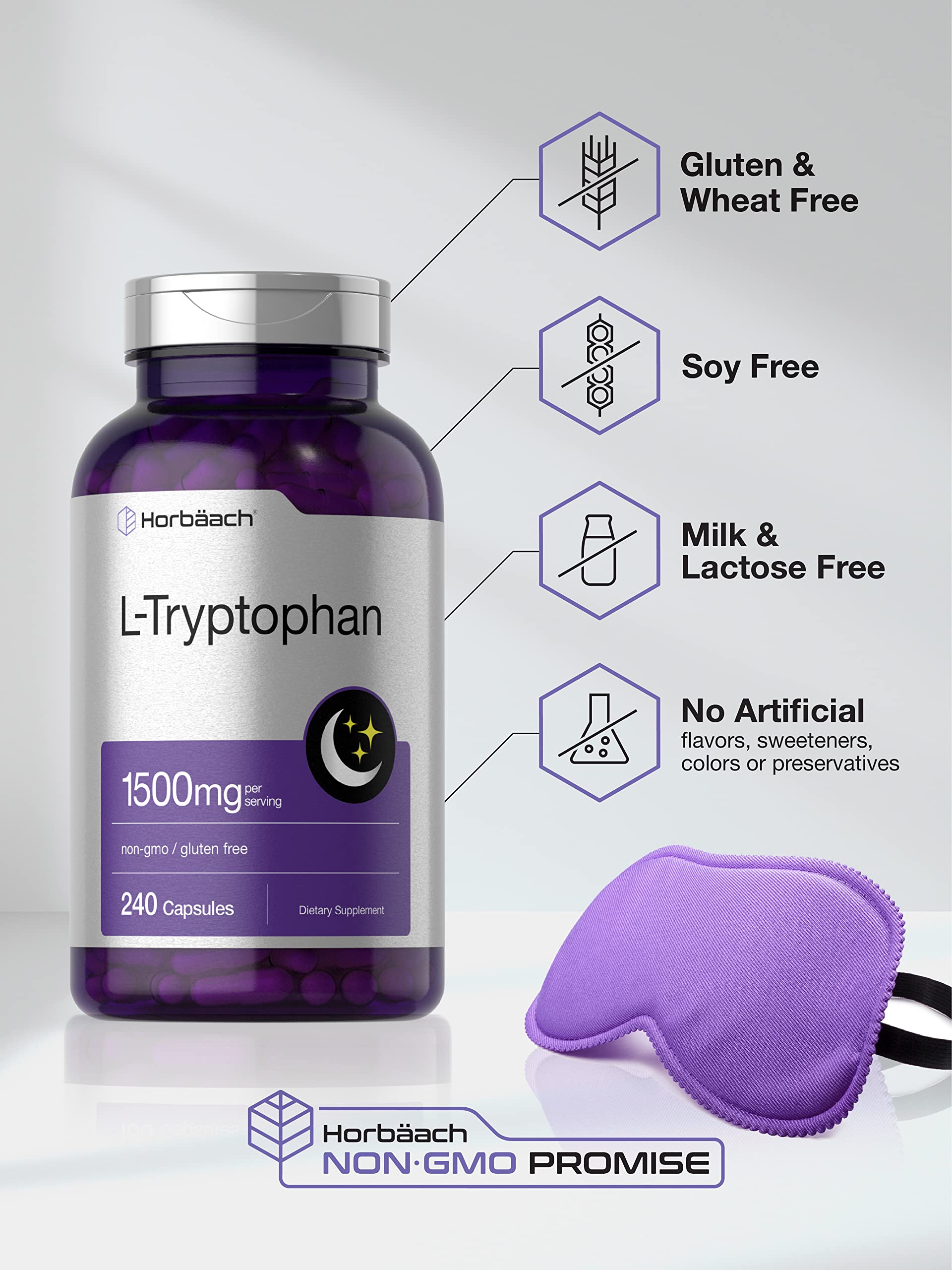 L Tryptophan 1500mg Capsules | 240 Count | Nighttime Formula | Non-GMO, Gluten Free Horbäach Au supplements