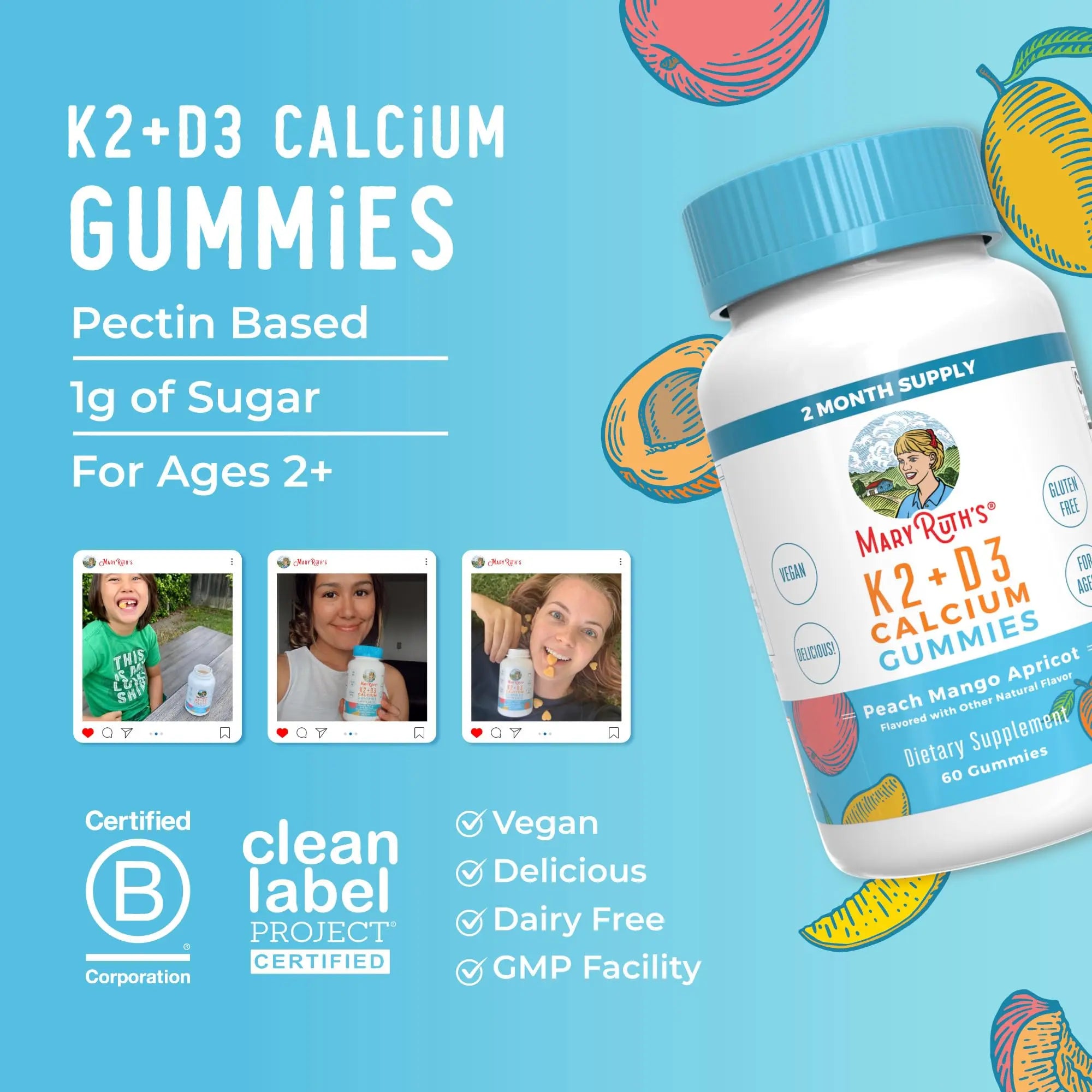 MaryRuth Organics Calcium with Vitamin D & Vitamin K2, 2 Month Supply, Calcium Supplement Supports Bone Health & Joint Support, with Vitamins D3 K2 Gummies, Vegan, Non-GMO, Gluten Free, 60 Count MARYRUTH'S Au supplements