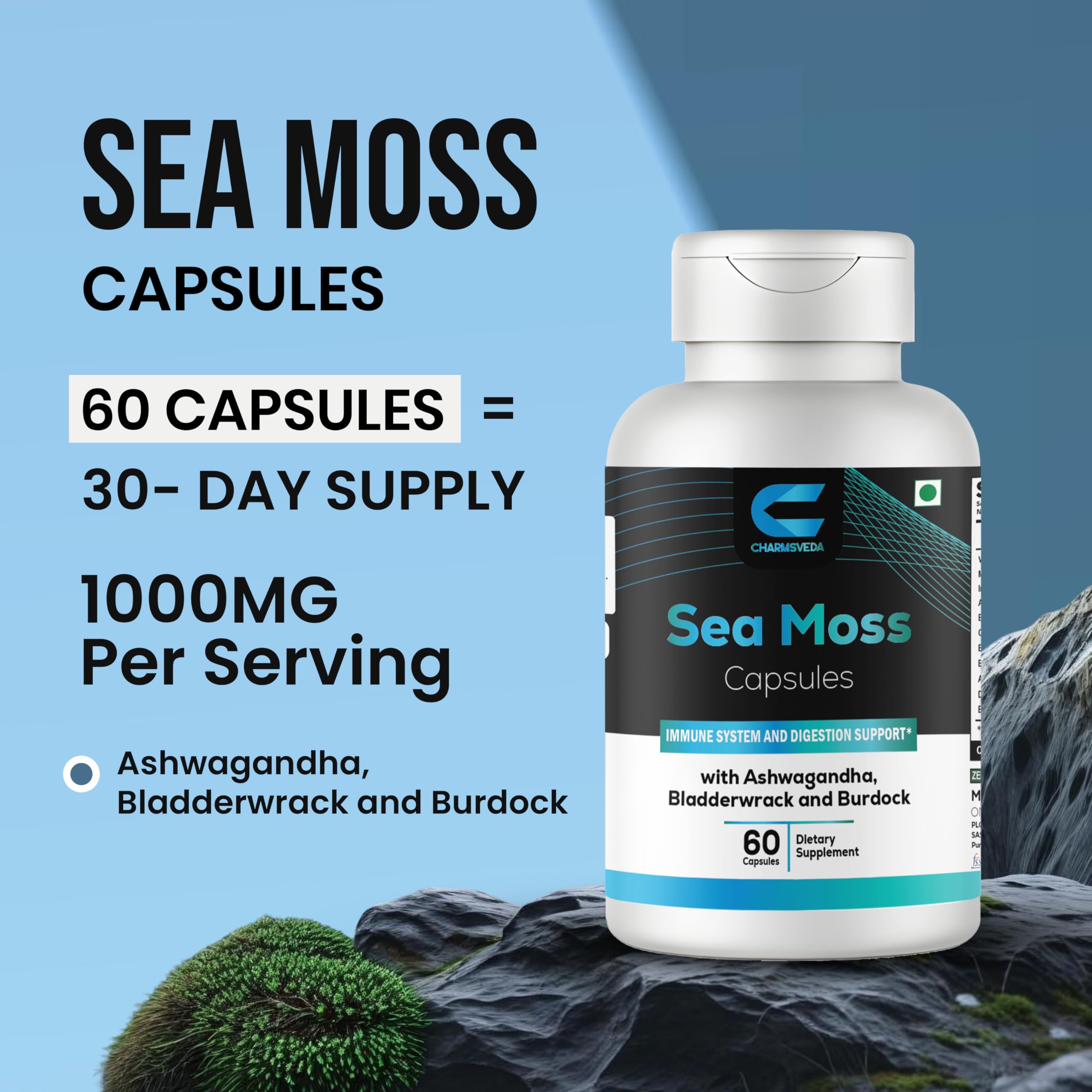 CHARMSVEDA Sea Moss Capsules with Ashwagandha, Bladderwrack & Burdock – Overall Wellness & Immune Support, Support Digestive & Gut Health* – 60 Vegan Capsules CHARMSVEDA Au supplements