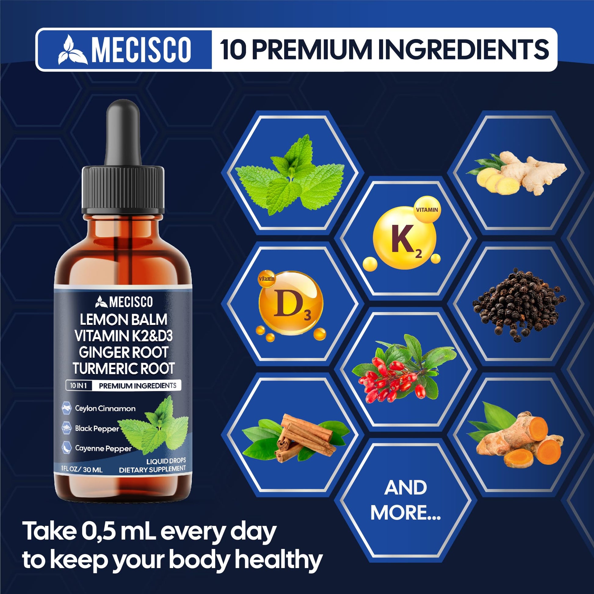 10in1 Lemon Balm Liquid Drops Blend Includes Vitamin D3, Vitamin K2, Lemon Balm, Ginger, Turmeric, Ceylon Cinnamon, Black Pepper, Cayenne Pepper, Berberine, Valerian Root - 1 FL Oz - 2 Month Supply Mecisco Au supplements
