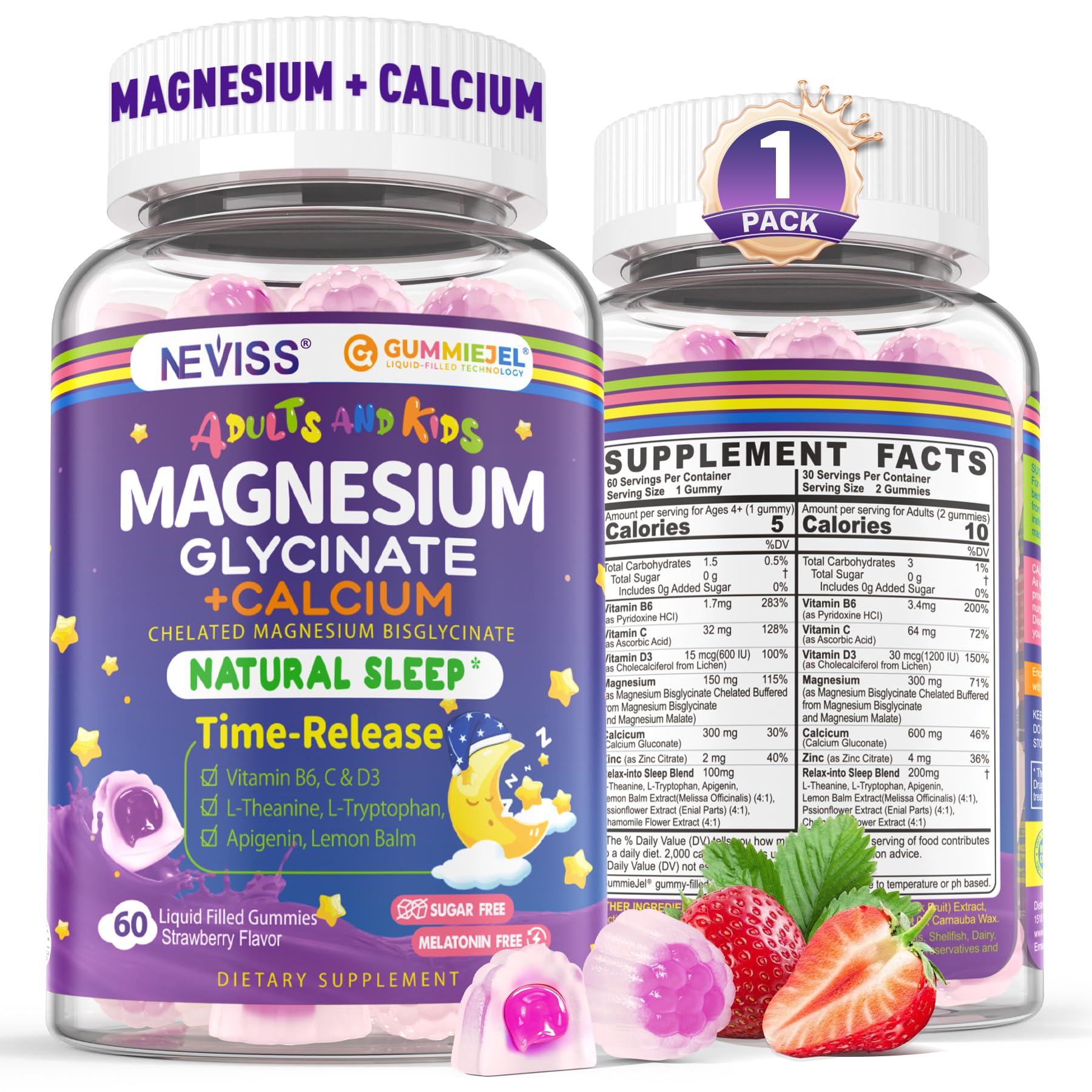 Neviss Magnesium Glycinate + Calcium Filled Gummies for Adults and Kids 4+, Kids Sleep Gummies Melatonin Free, Sugar Free Magnesium Supplement with B6 D3, L-Theanine for Zzz & Relax, Brain,Bone,Muscle NEVISS Au supplements