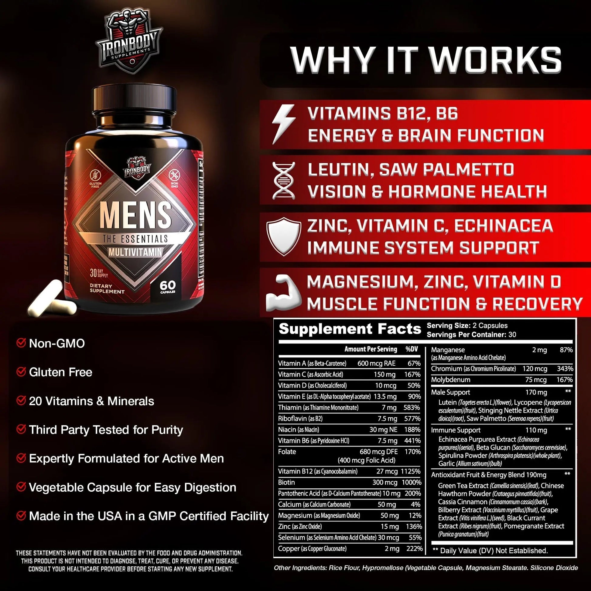 IronBody Supplements, Multivitamin for Men, Vitamins A, B, C, D, E, Zinc. Immune Support, Antioxidant Fruit and Energy Blend. 60 Capsules IronBody Supplements Au supplements