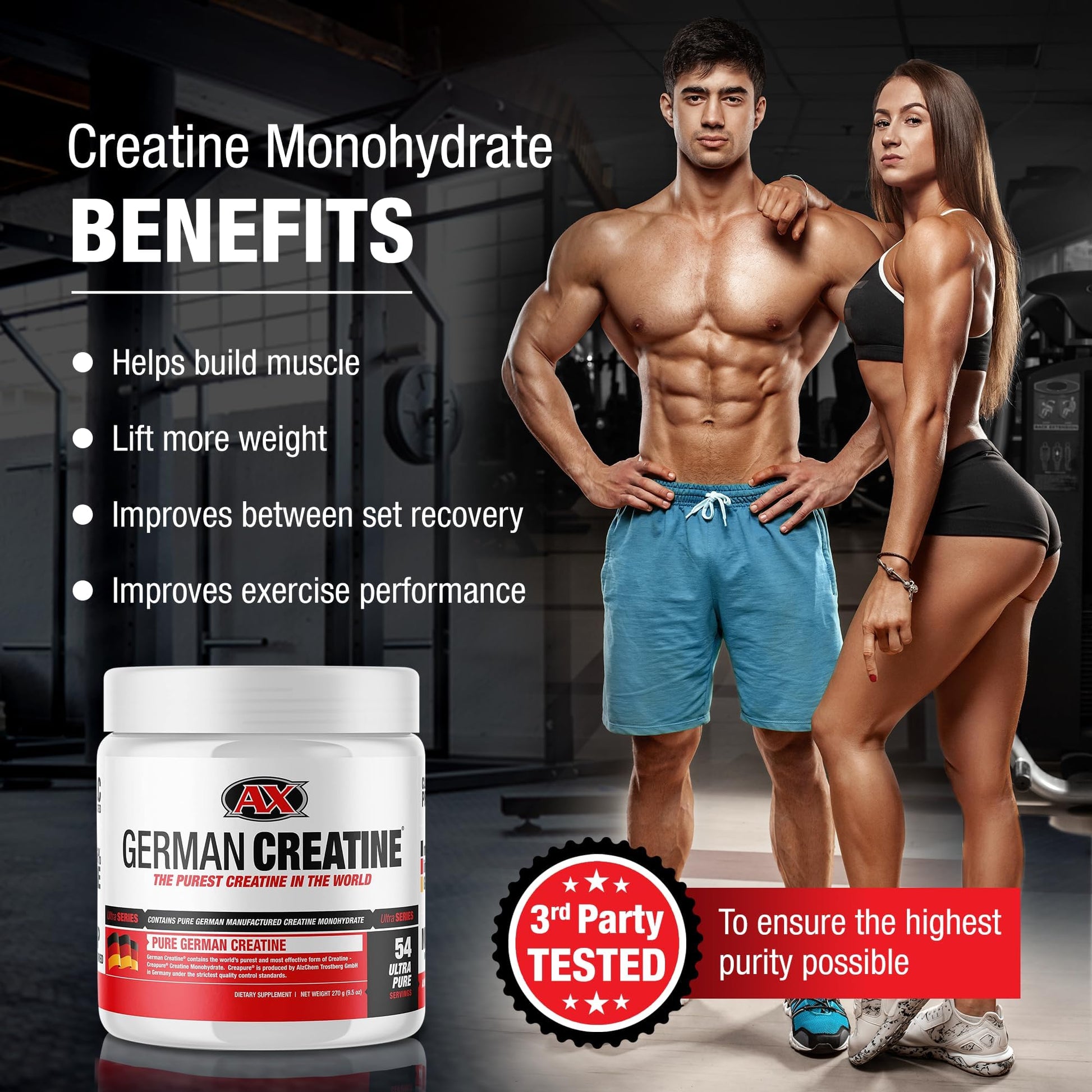 German Creatine - Micronized Creatine Monohydrate Powder, 99.99% Pure Creapure for Muscle Growth, Strength & Performance, Supports Muscle Recovery, 3rd Party Tested, Unflavored - 270g (54 Servings) German Creatine Au supplements