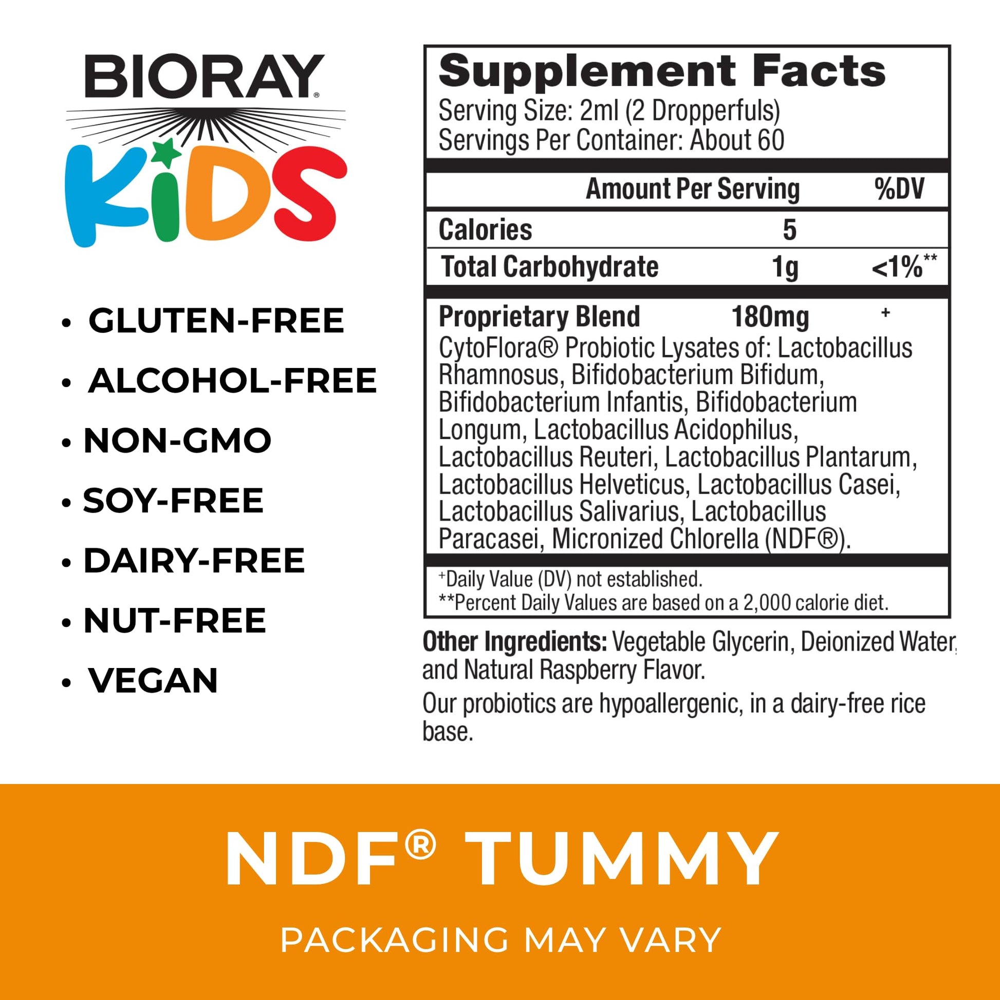 BIORAY Kids NDF Tummy, Raspberry - 4 fl oz (120 mL) - 11-Strain Probiotic Blend - Supports the Immune Response in the GI Tract - Non-GMO, Vegan, Gluten Free - Approx. 120 Servings BIORAY Au supplements