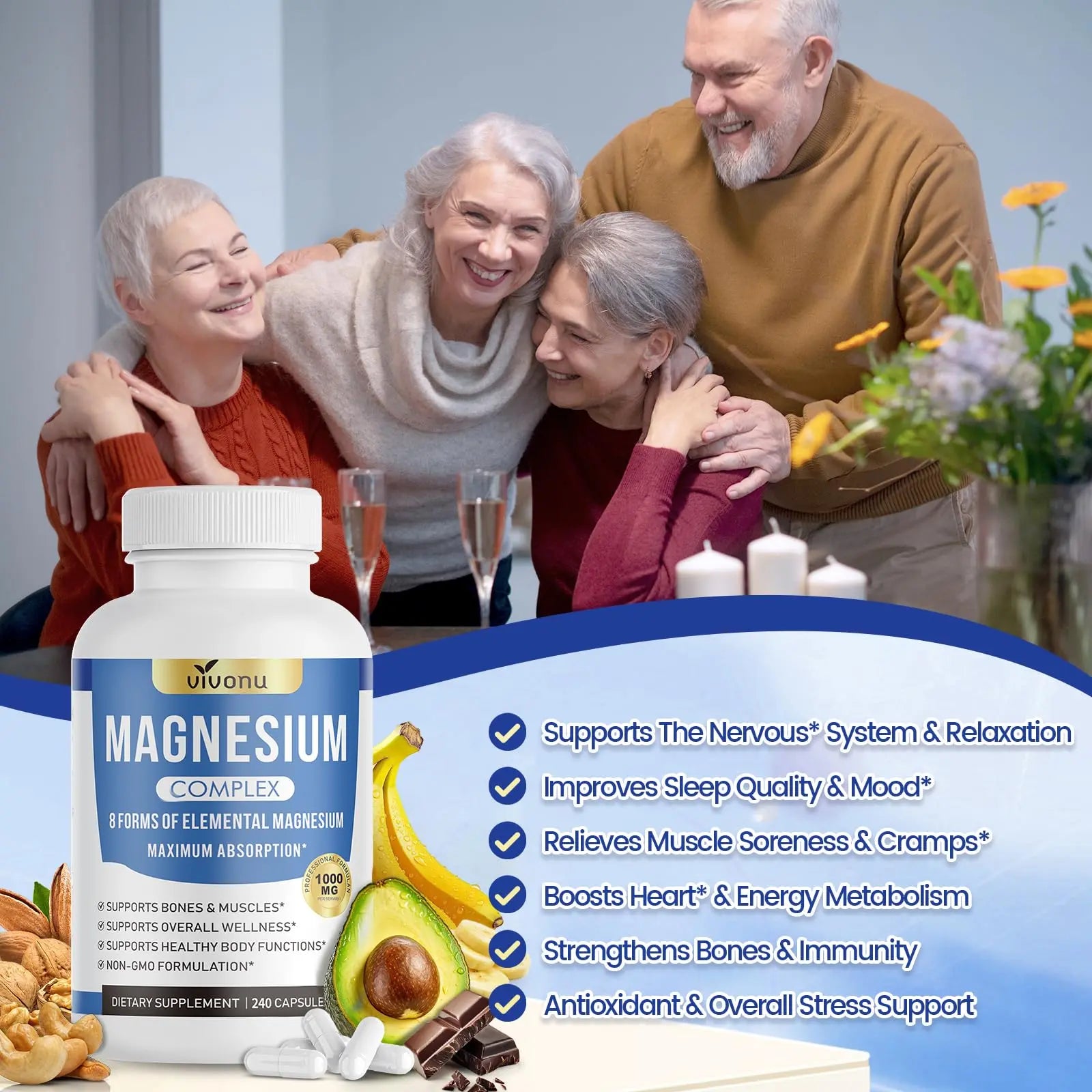 1000mg Magnesium Complex Capsules, 8-in-1 Magnesium Glycinate, Citrate, Malate, Taurate, Oxide, Carbonate, Aspartate, Orotate - 240 Capsules VivoNu Au supplements