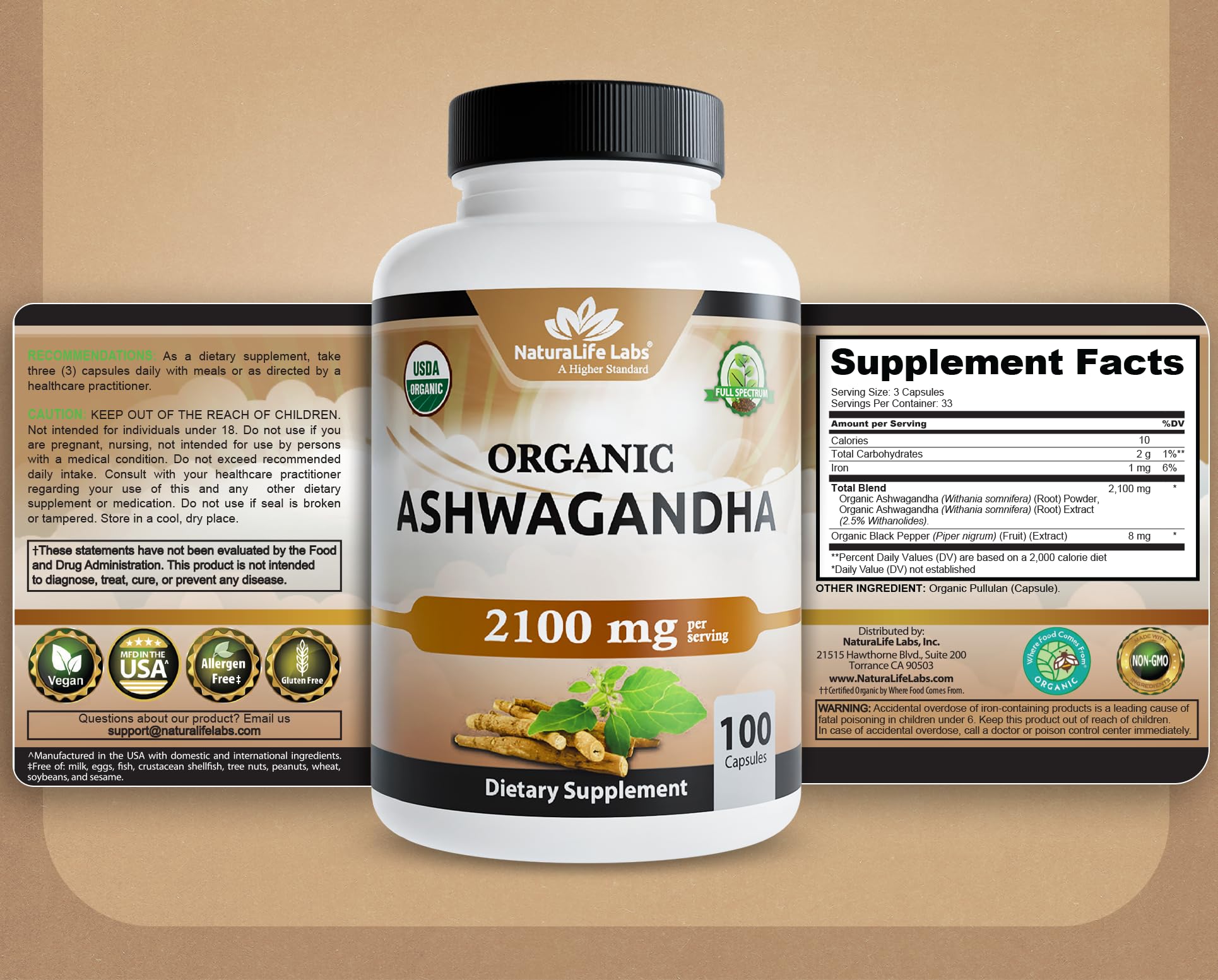 NaturaLife Labs Organic Ashwagandha 2100 mg per Serving – Herbal Supplement Root Powder & Extract – 100 Capsules – Vegan, Non-GMO, Gluten-Free NaturaLife Labs Au supplements
