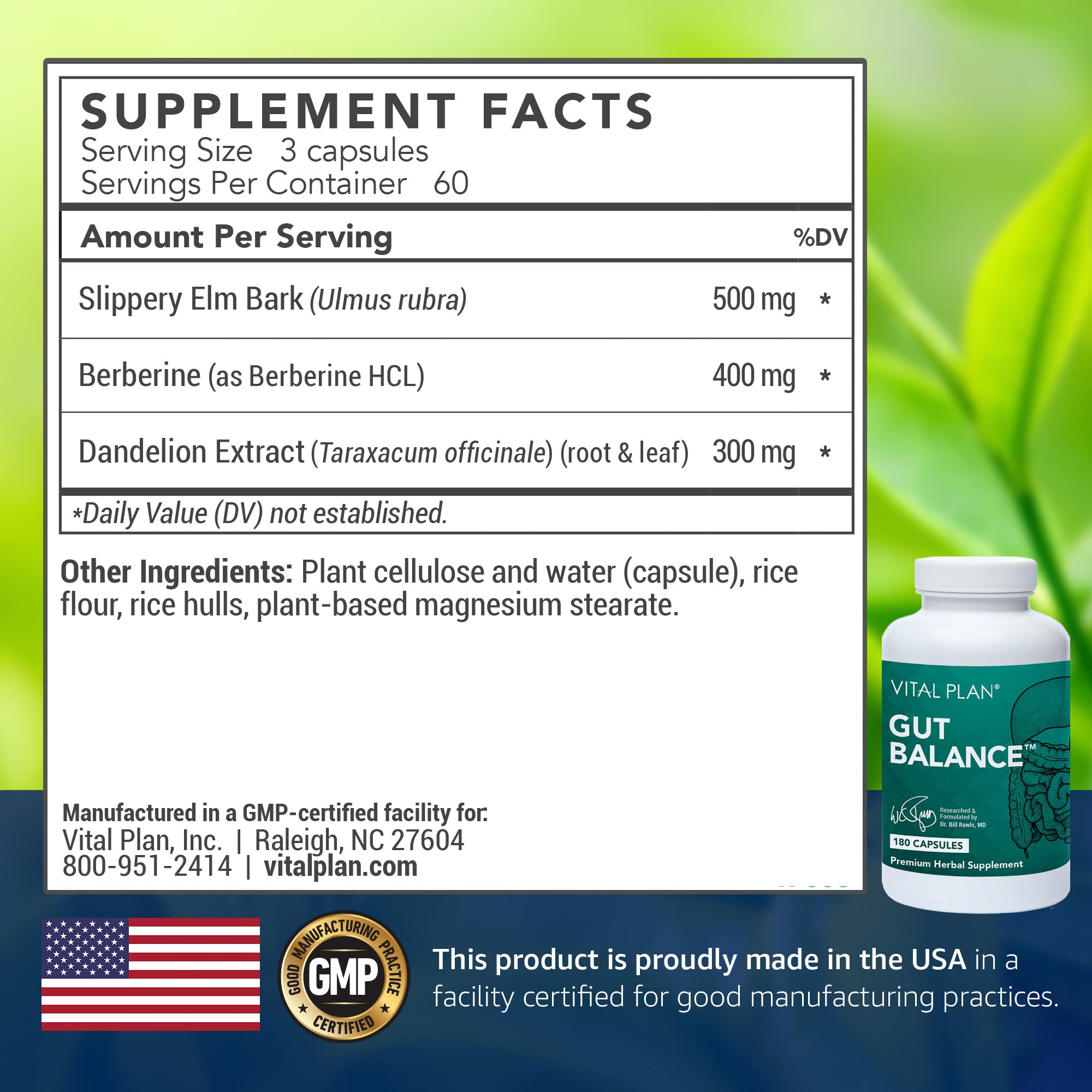 Vital Plan Gut Balance Supplement by Dr. Bill Rawls - Advanced Digestive Health Support Formula w/Clinical-Grade Slippery Elm Bark, Berberine & Dandelion Extract for Women & Men (180 Capsules) Vital Plan Au supplements