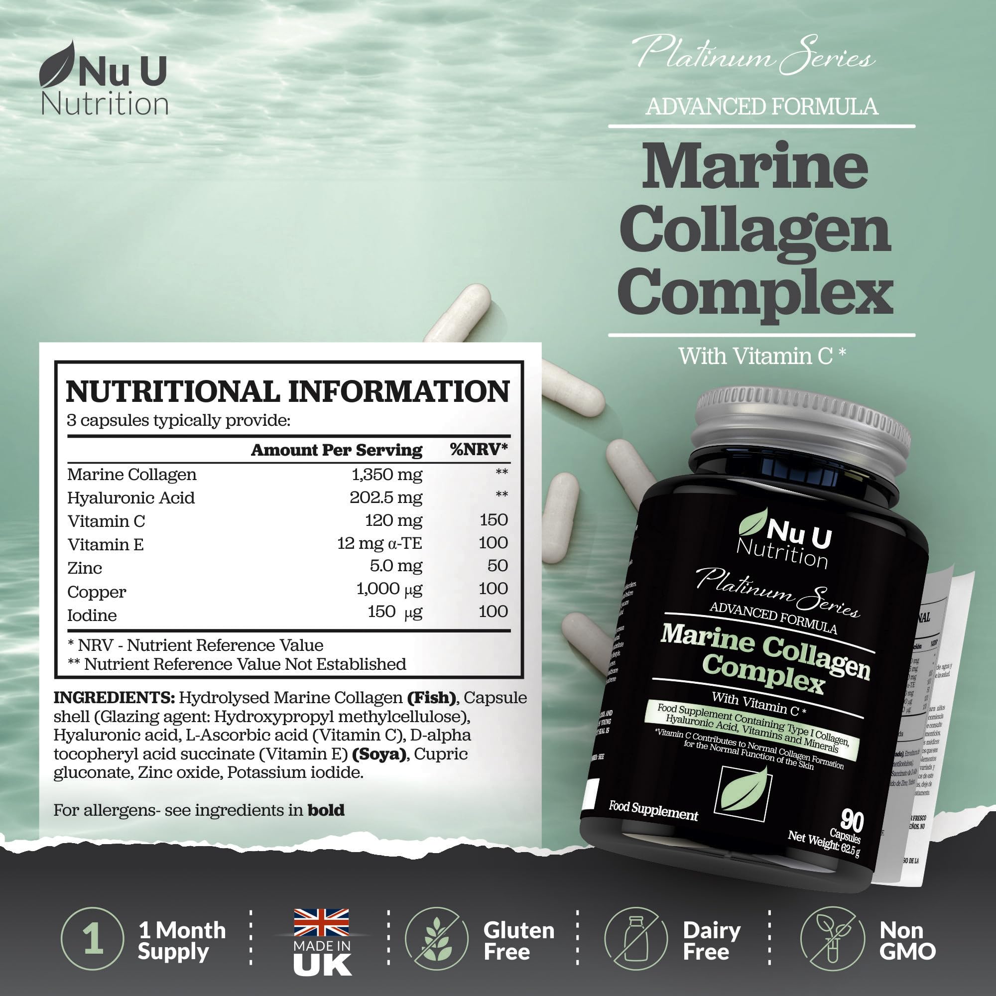 Marine Collagen with Hyaluronic Acid, Vitamin C - 90 Hydrolysed Capsules (not Tablets Nu U Nutrition Au supplements