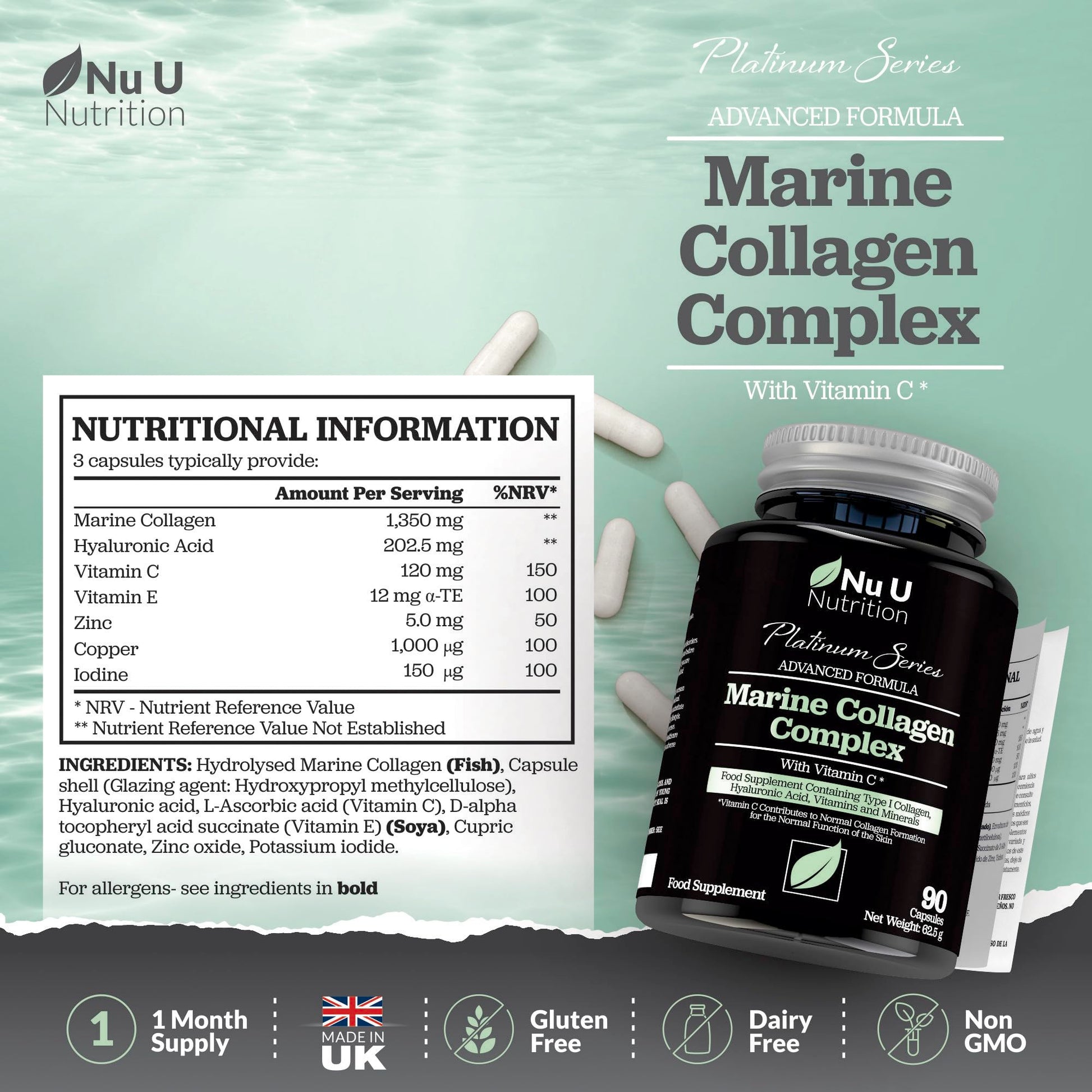 Marine Collagen with Hyaluronic Acid, Vitamin C - 90 Hydrolysed Capsules (not Tablets) - Premium High Strength Collagen Nu U Nutrition Au supplements