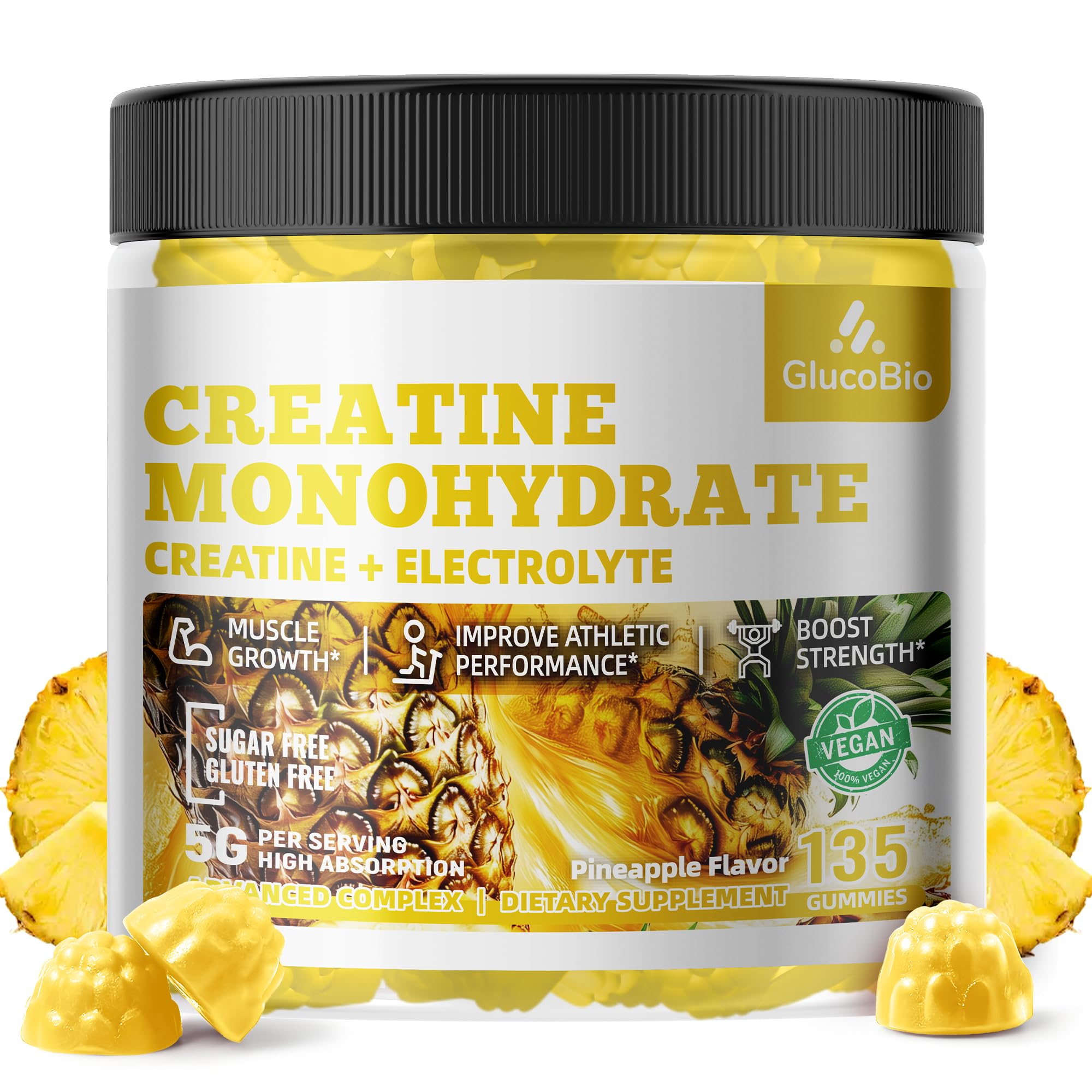 GlucoBio Creatine Monohydrate Gummies (5g) – Pre-Workout Energy & Muscle Growth Support for Men & Women | Pineapple Electrolyte Gummies (135 Count) GlucoBio Au supplements