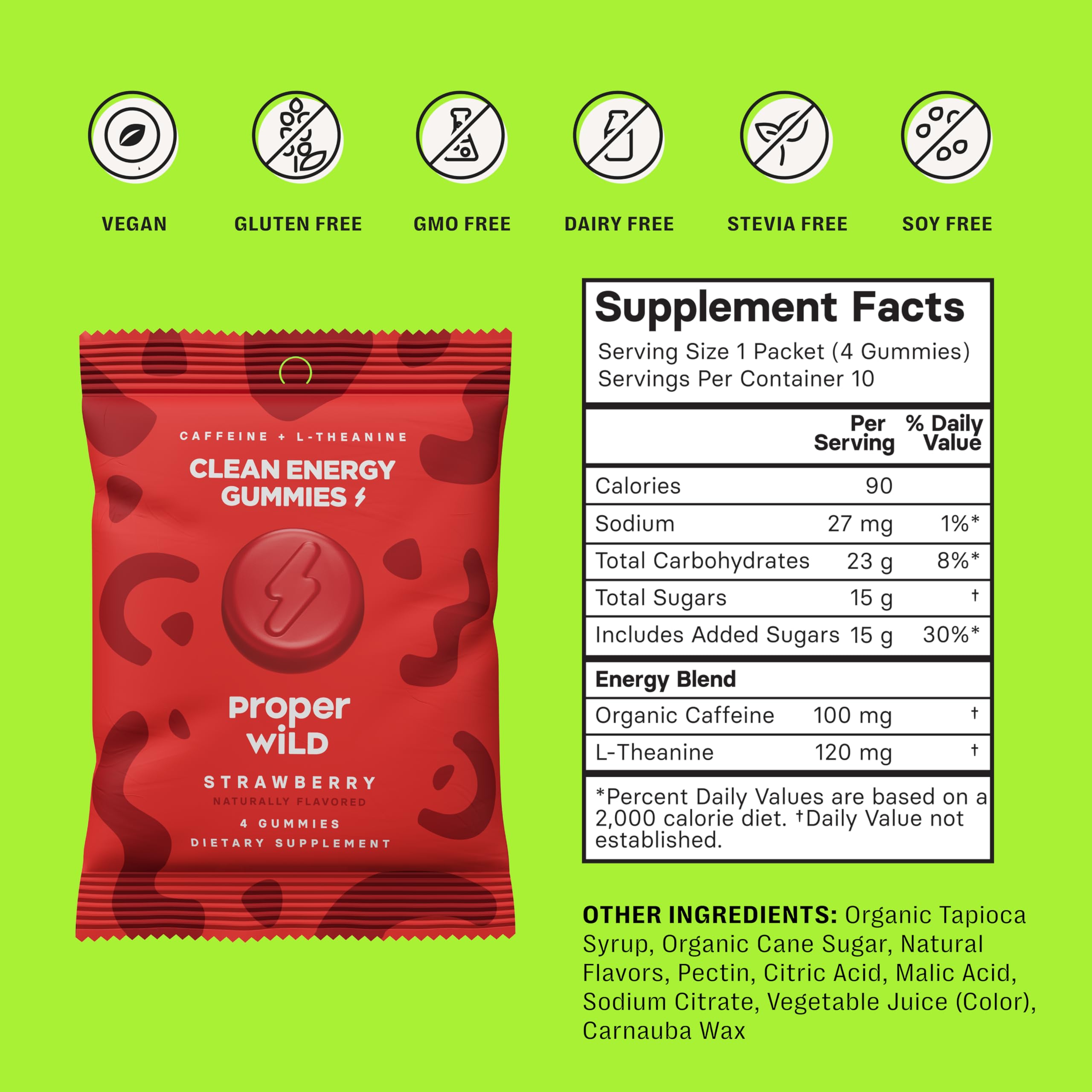 Proper Wild Energy Chews & Gummies for Focus & Clean Energy, Vegan with L-Theanine & Organic Caffeine, Plant-Based, Gluten-Free, Non-GMO, Strawberry (10-Pack) Proper Wild Au supplements
