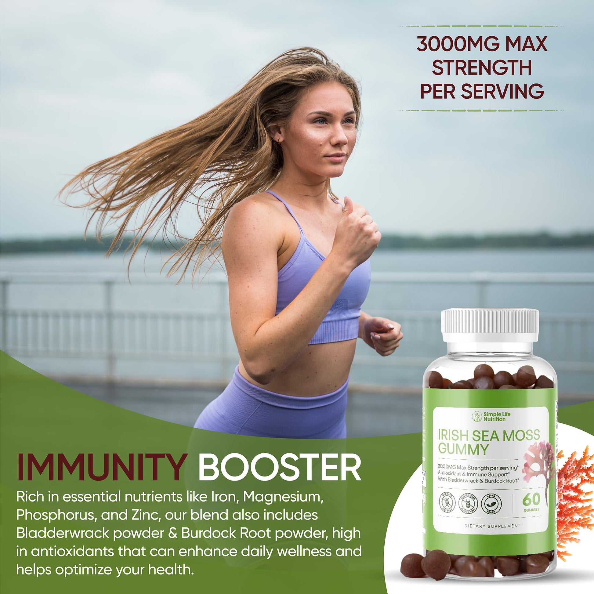 Simple Life Nutrition Organic Irish Sea Moss Gummies - Burdock Root and Bladderwrack Natural Blend - Immune System Gut Cleanse & Thyroid Supplement - Skin and Nail Health - 60CT Simple Life Nutrition Au supplements