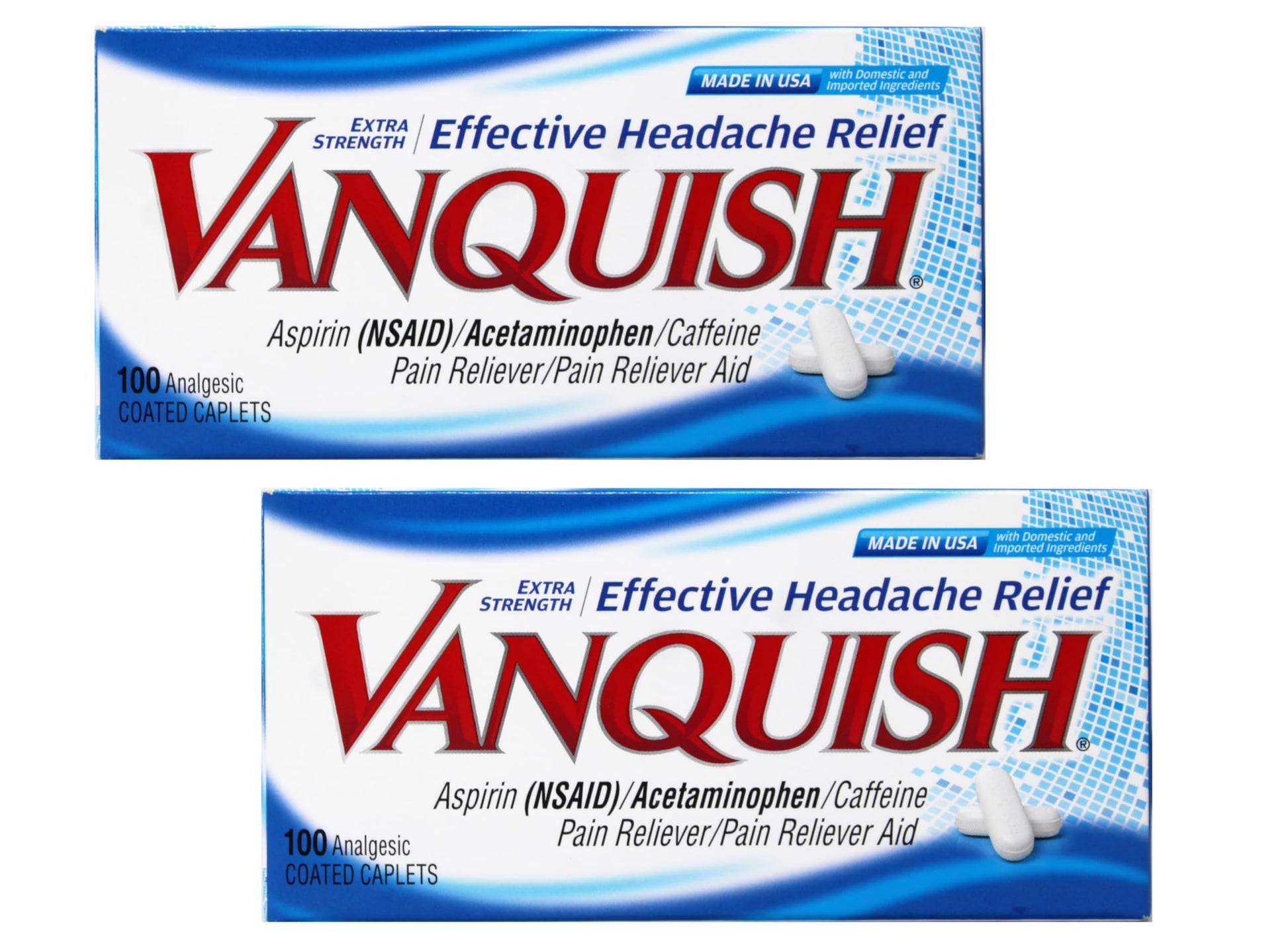 Vanquish Extra Strength Pain Reliever Headache Relief Aspirin Acetaminophen Caffeine 100 Coated Caplets (Pack of 2) Vanquish Au supplements