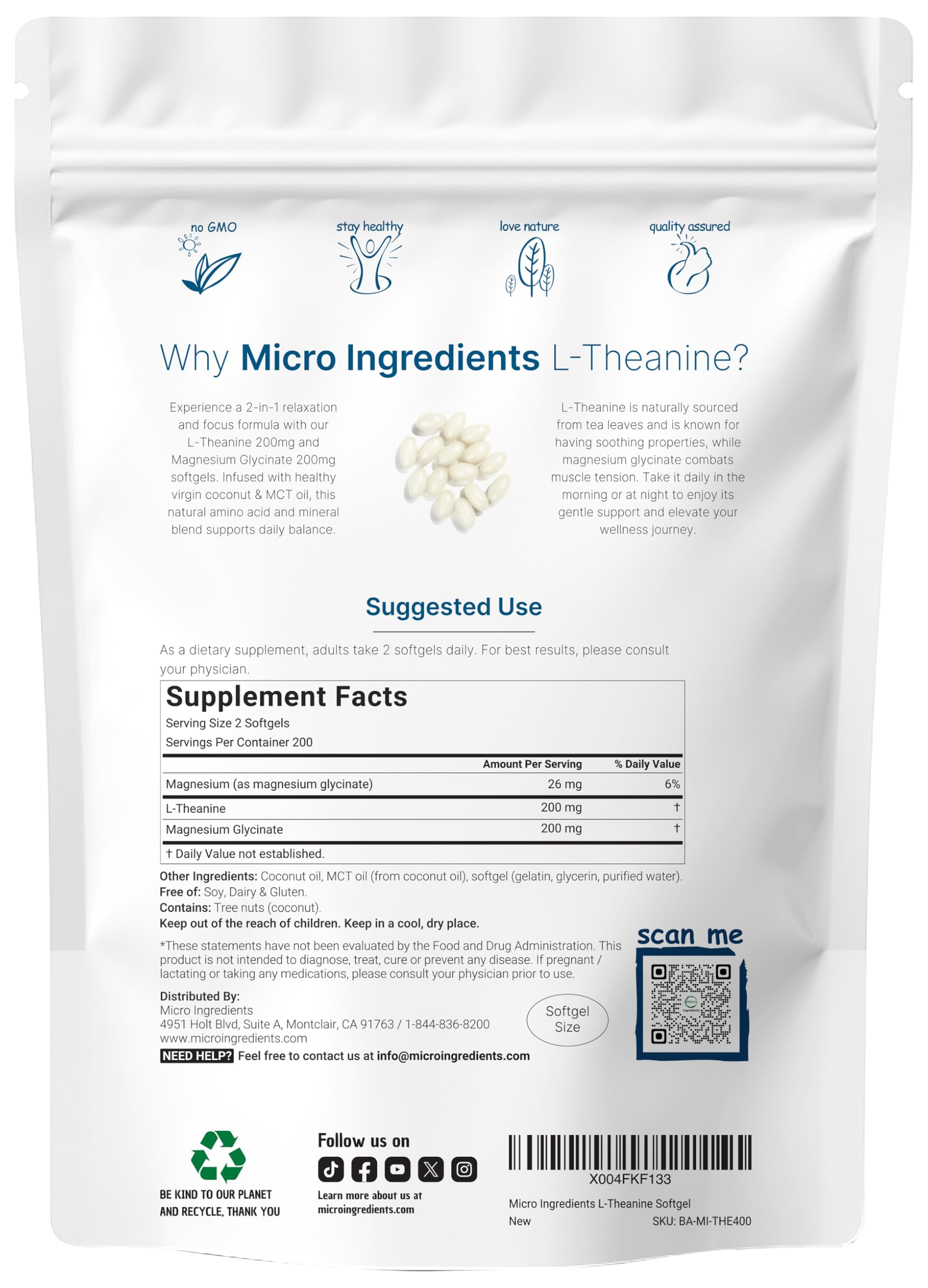 L-Theanine 200mg with Magnesium Glycinate, 400 Coconut MCT Oil Softgels | 2-in-1 Amino Acid & Mineral Complex | Gentle Care All Day & Night Micro Ingredients Au supplements