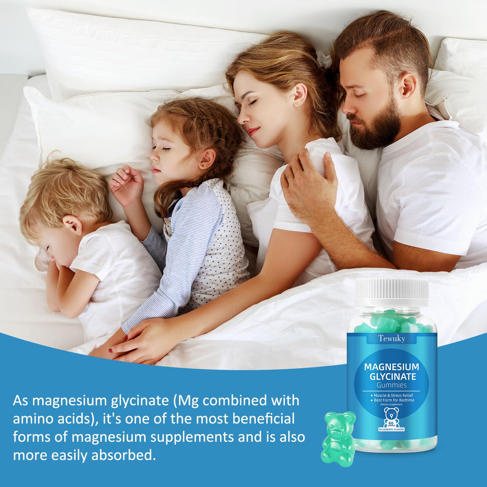 Magnesium Glycinate Gummies 500mg, Sugar-Free for Adults & Kids, Magnesium Gummies for Sleep, Stress & Muscle Relief, Supports Bone & Nerve Health, Vegan, Pectin-Based, 60 Count, Blueberry Flavor Tewuky Au supplements