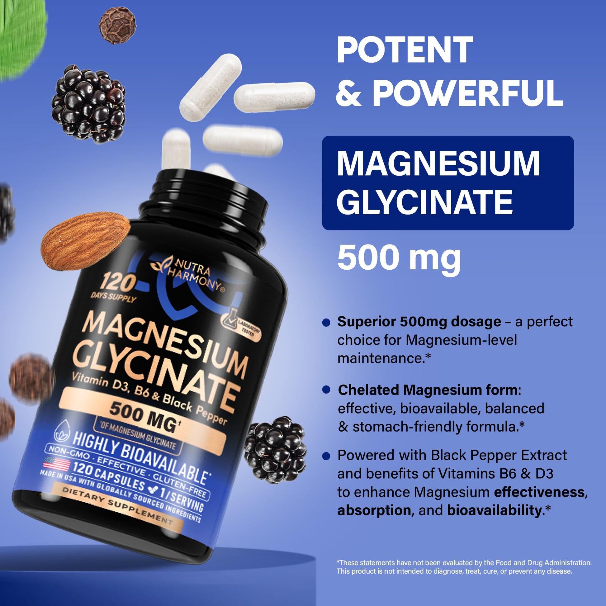 Magnesium Glycinate 500 mg - Chelated Supplement - High Absorption Form of Magnesium - Support for Sleep, Muscle & Heart Health - Made in USA, Lab Tested & Non-GMO - 120 Capsules NUTRAHARMONY Au supplements