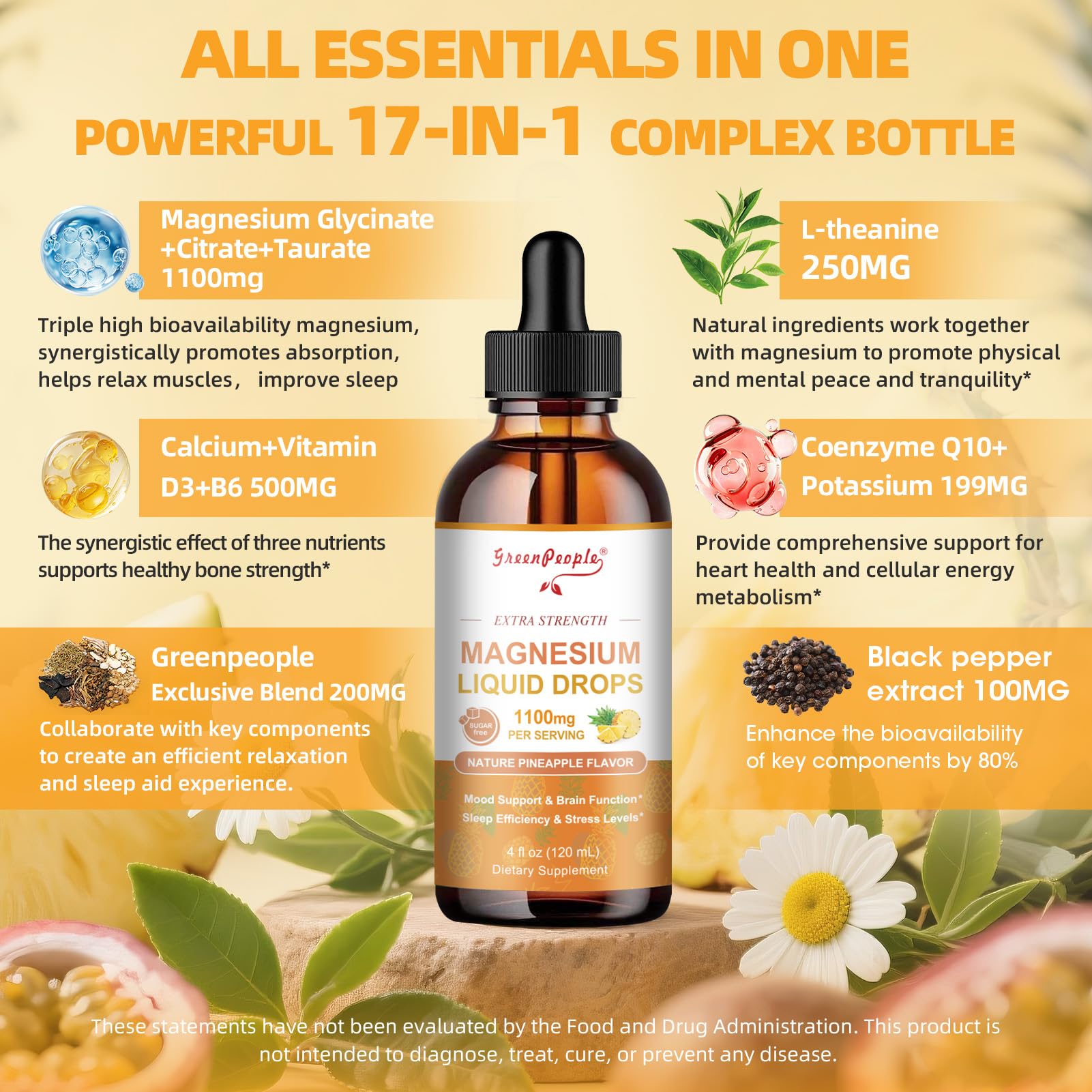 GREENPEOPLE Magnesium Glycinate Liquid Drop - 17-in-1 4Fl. Oz Triple Magnesium Complex Supplement with Glycinate 400mg & Citrate 500mg Taurate/L-Theanine for Calm Mood/Muscle/Sleep,Pineapple Flavor GREENPEOPLE Au supplements