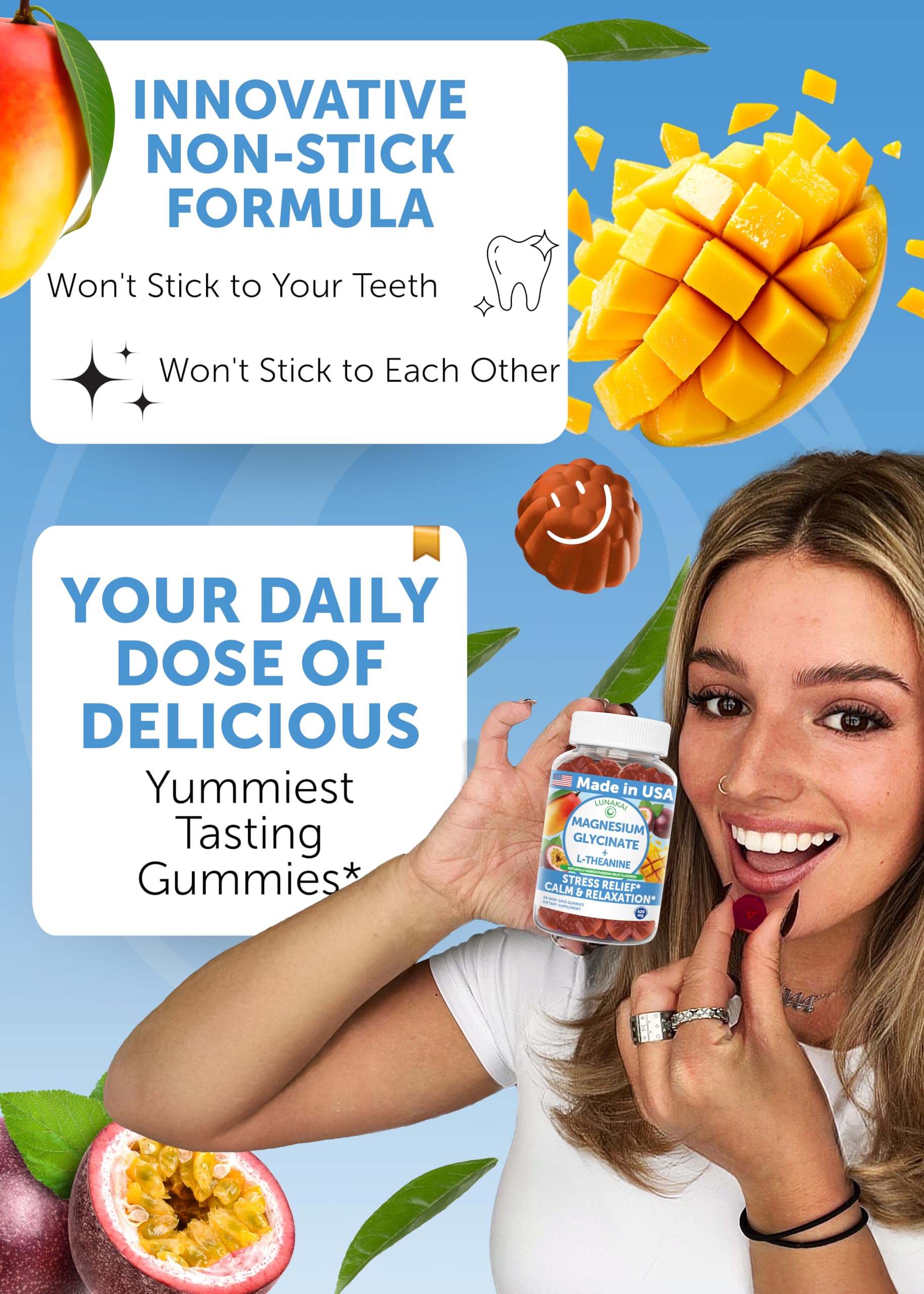 Lunakai USA Made Magnesium Glycinate Gummies with L-Theanine for Kids & Adults – 420mg Magnesium Supplement for Calm, Sleep & Stress Support, 60ct Lunakai Au supplements