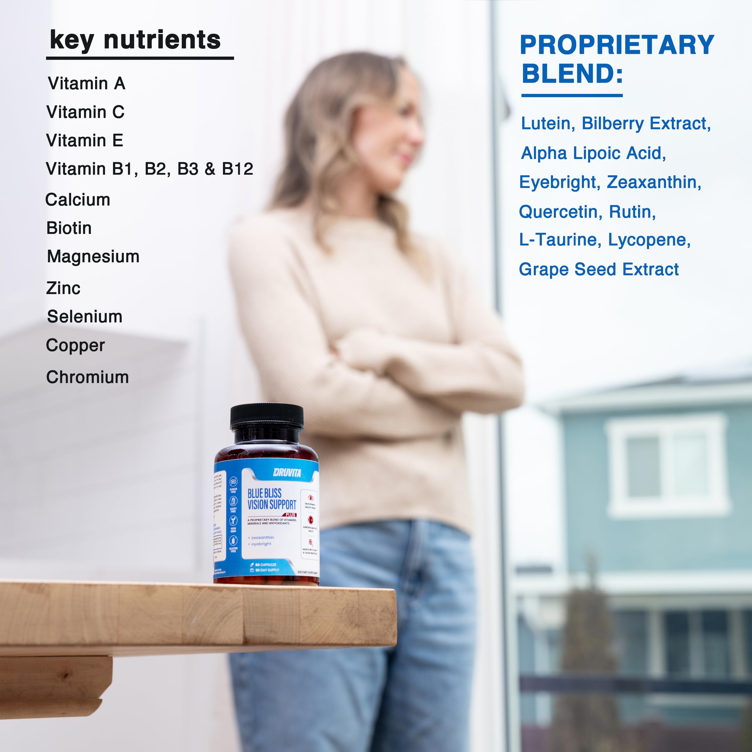 Blue Bliss Vision Support - Eye Vitamins with Lutein, Biotin, Bilberry and Zeaxanthin - Vitamin Supplement for Vision Health and Preservation for Adults Seniors 60 Veggie Capsules 30 Day Supply Druvita Au supplements
