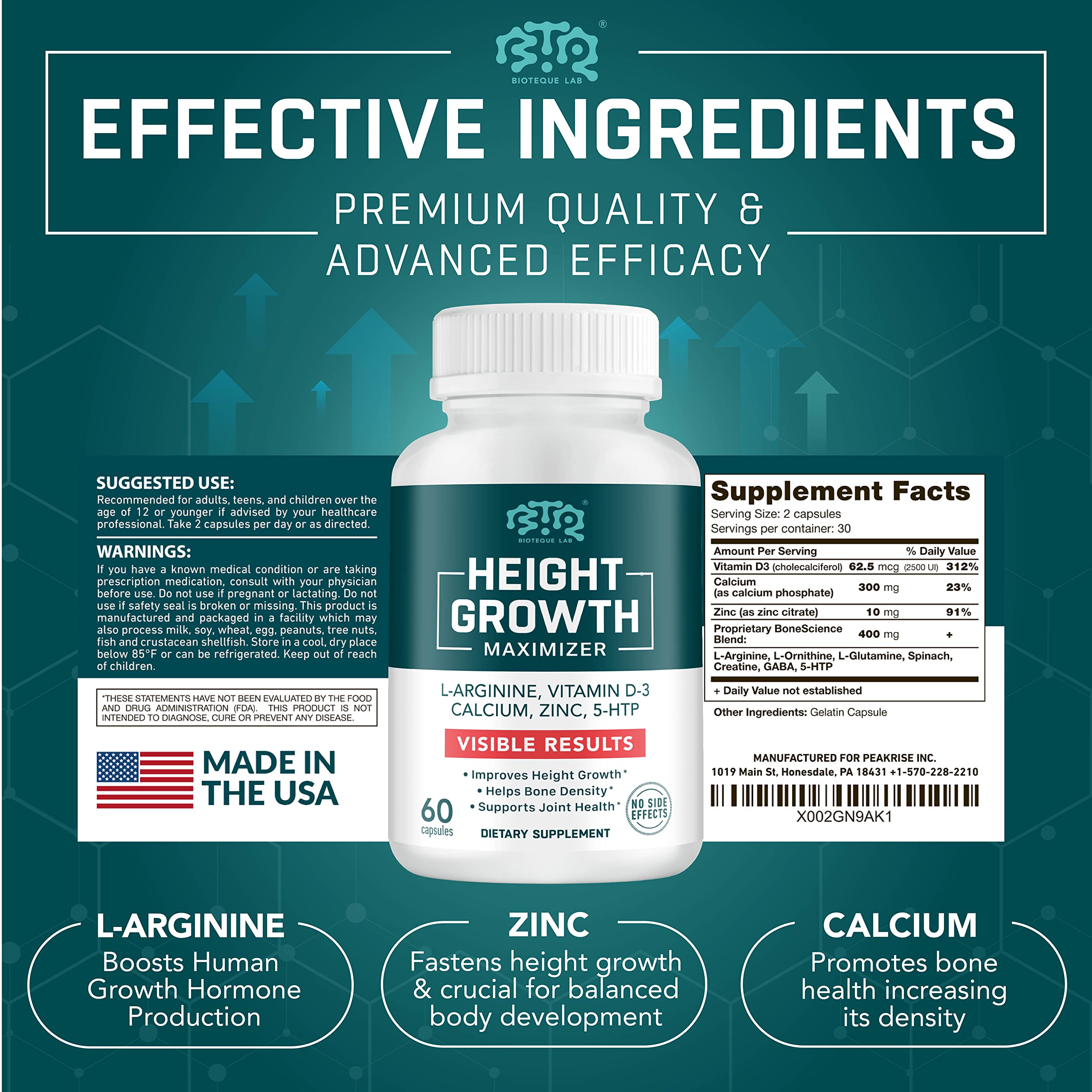 BIOTEQUELAB Height Growth Maximizer, Calcium, Vitamin D3 and Zinc Blend Pills, Bone Growth Supplement for Kids and Teens, Bone Strength, Density Support, GMO-Free, Gluten-Free, Made in USA, 60 Caps BTQ BIOTEQUE LAB Au supplements