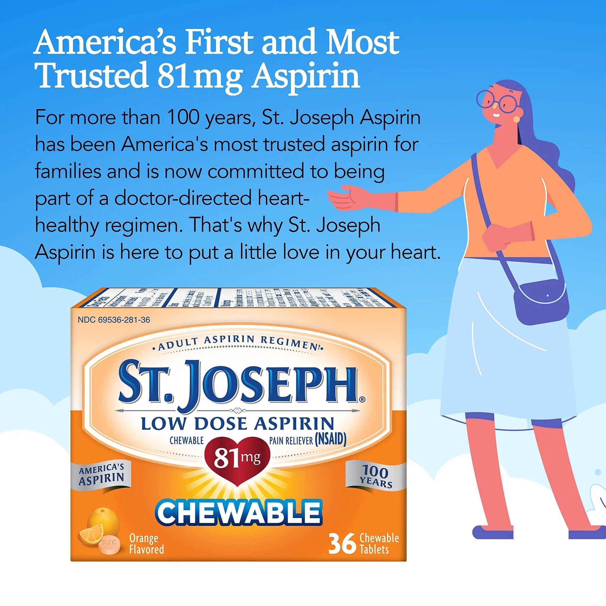 St. Joseph Aspirin Pain Reliever (NSAID) 81mg, Chewable Orange Tablets Adult Low Dose Regimen , 108 ct (3 x 36 ct Tablets per Bottle) St. Joseph Au supplements