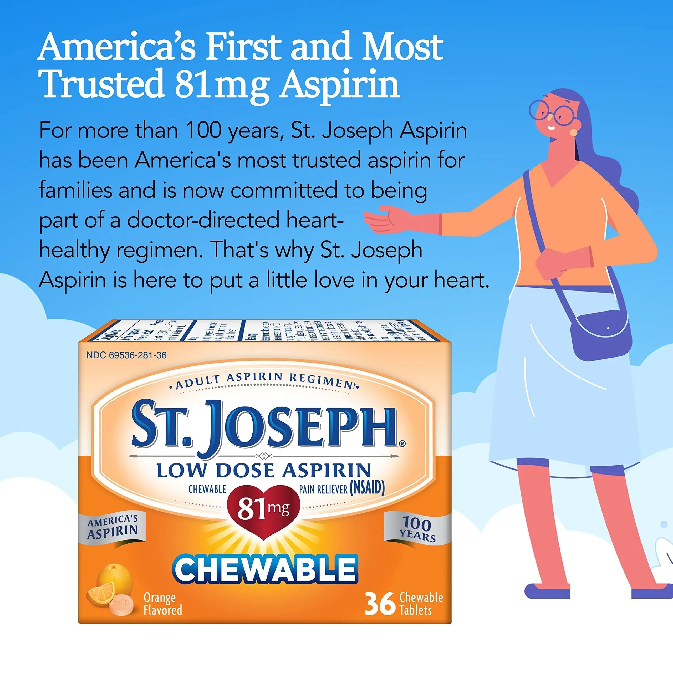 St. Joseph Aspirin Pain Reliever (NSAID) 81mg, Chewable Orange Tablets Adult Low Dose Regimen , 108 ct (3 x 36 ct Tablets per Bottle) St. Joseph Au supplements