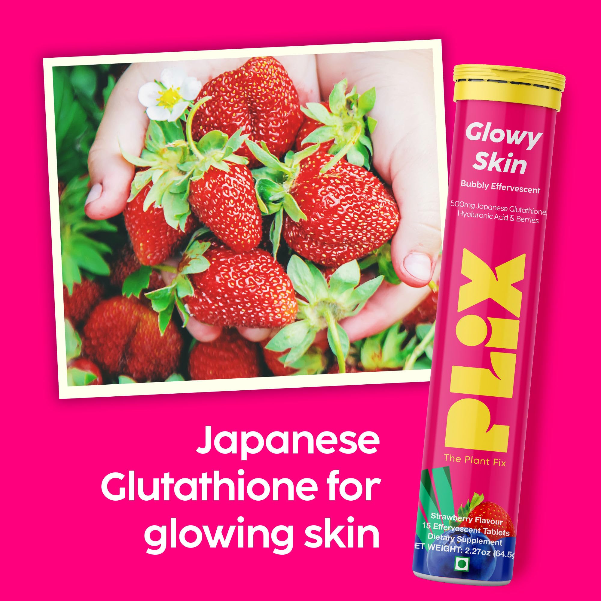 PLIX Glowy Skin 500mg Glutathione Supplement with Hyaluronic Acid, Vitamin C, E & Berries | 30 Effervescent Tablets, Strawberry Flavor PLIX - THE PLANT FIX Au supplements