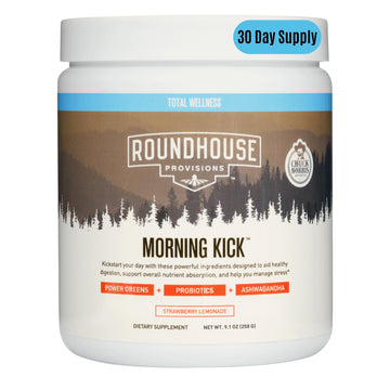 ROUNDHOUSE PROVISION Morning Kick, Zero Sugar Greens Superfood Powder Supplement with Ashwagandha, Collagen, Probiotics, Debloat Drink, 30 Servings (Strawberry Lemonade) by Chuck Norris ROUNDHOUSE PROVISION Au supplements