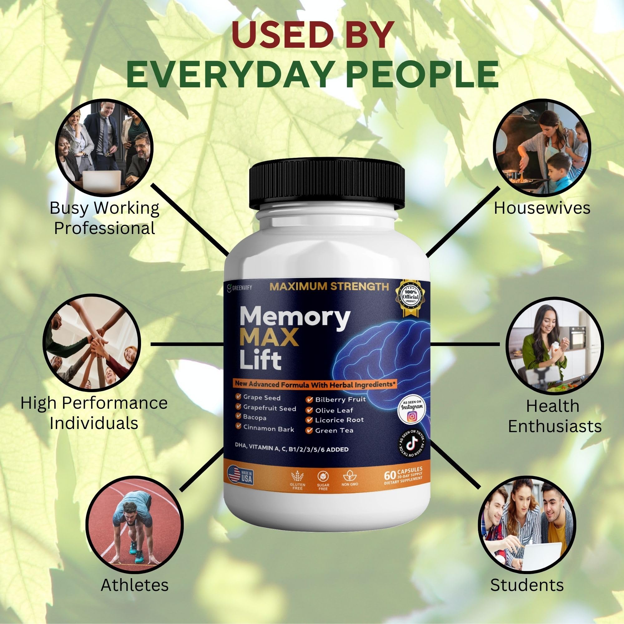 GREENVIFY Memory MAX Lift Brain Support Supplement, 60 Capsules, with Vitamins and Herbal Blend, 30 Day Supply (1) GREENVIFY Au supplements
