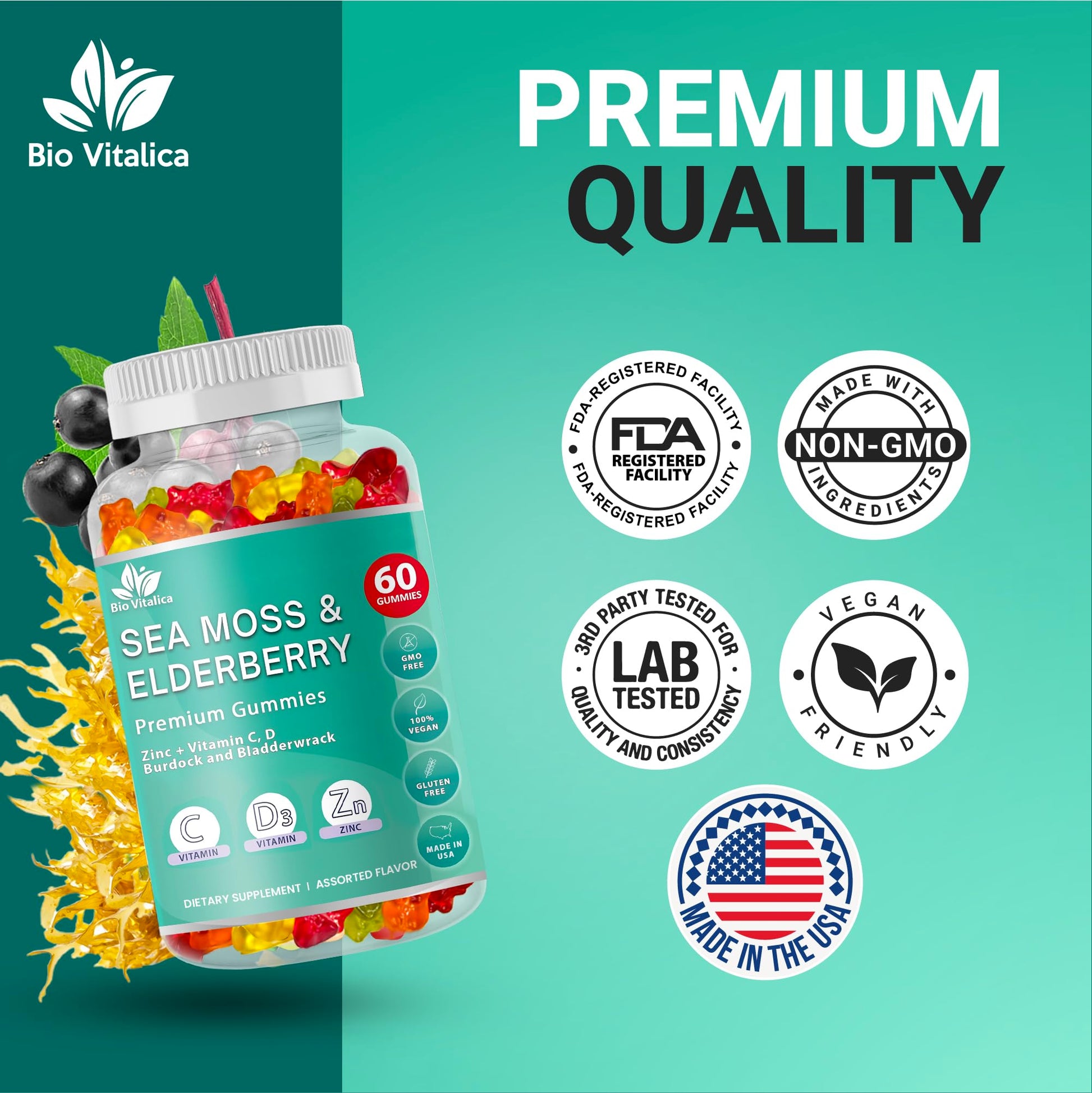 BIO VITALICA Irish Sea Moss Gummies with Elderberry – USA Made Vegan Gummies with Vitamin C, D & Zinc – Immune Support Supplement with Bladderwrack & Burdock Root for Adults & Kids – 3 Packs BIO VITALICA Au supplements