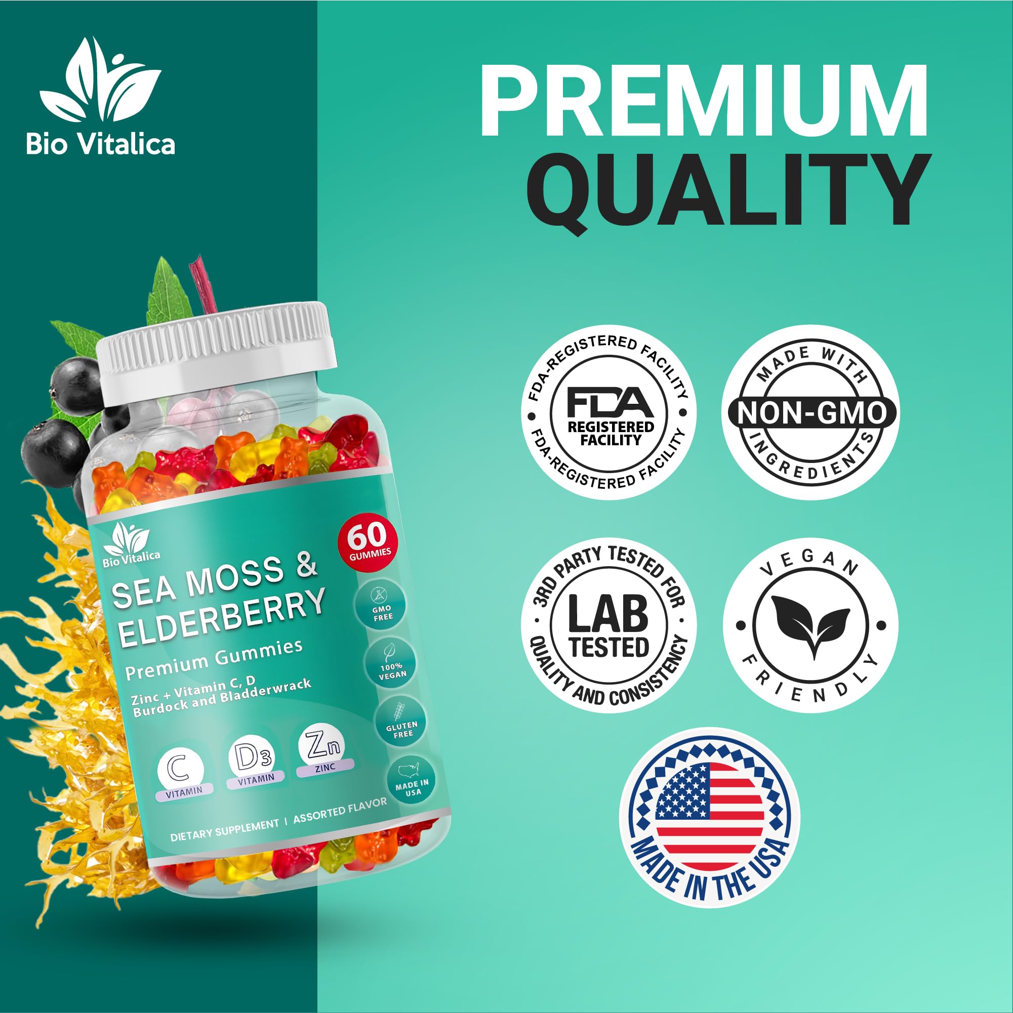 BIO VITALICA Irish Sea Moss Gummies with Elderberry – USA Made Vegan Gummies with Vitamin C, D & Zinc – Immune Support Supplement with Bladderwrack & Burdock Root for Adults & Kids – 3 Packs BIO VITALICA Au supplements