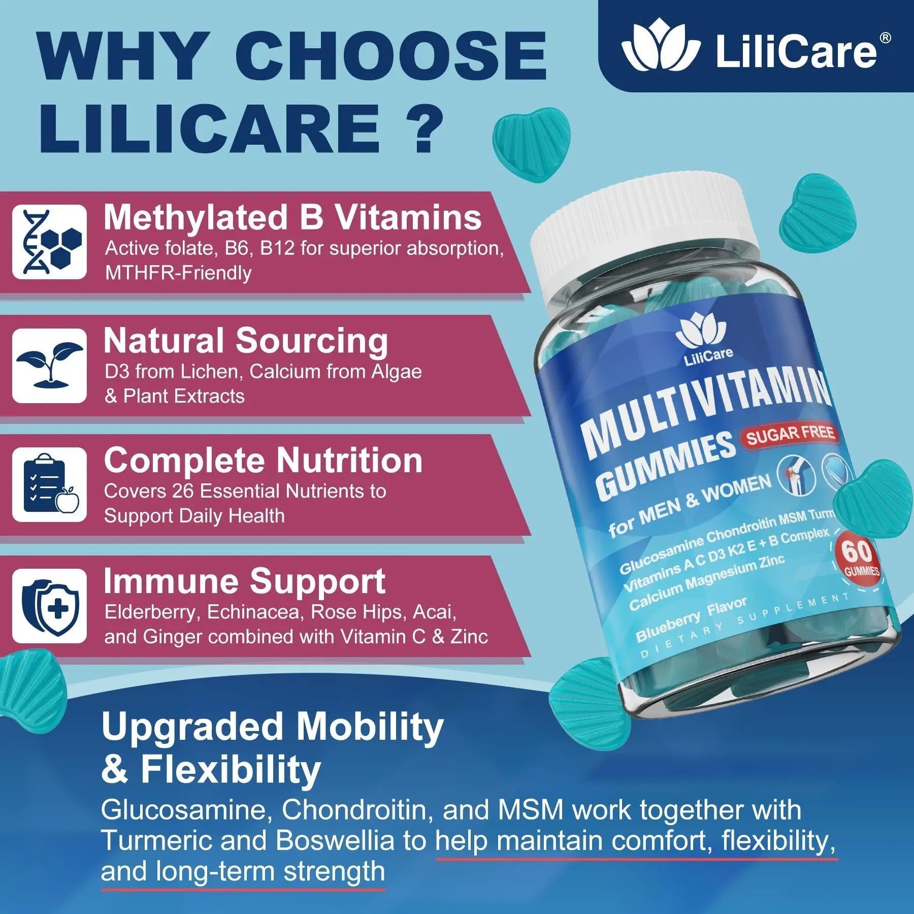 Methylated Multivitamin for Men/Women Gummies, Mens/Womens Multivitamin 50 Plus, with Glucosamine Chondroitin MSM Echinacea Sugar Free LILICARE Au supplements