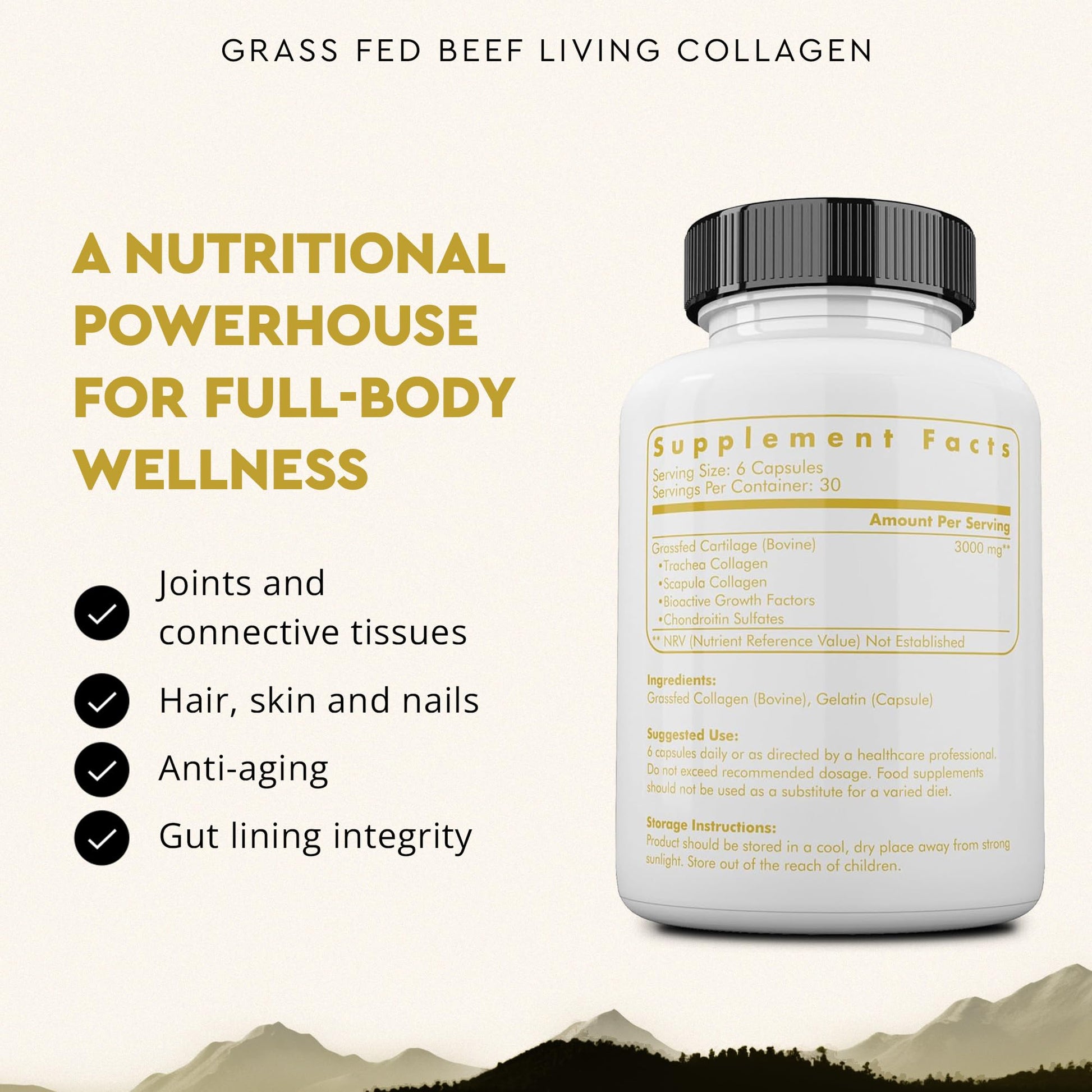 Ancestral Supplements Grass Fed Beef Living Collagen Nutritional Powder Supplement, 3000mg, Promotes Healthier, Younger Looking Skin, Hair, Nails and Joints, Type II, 180 Capsules Ancestral Supplements Au supplements
