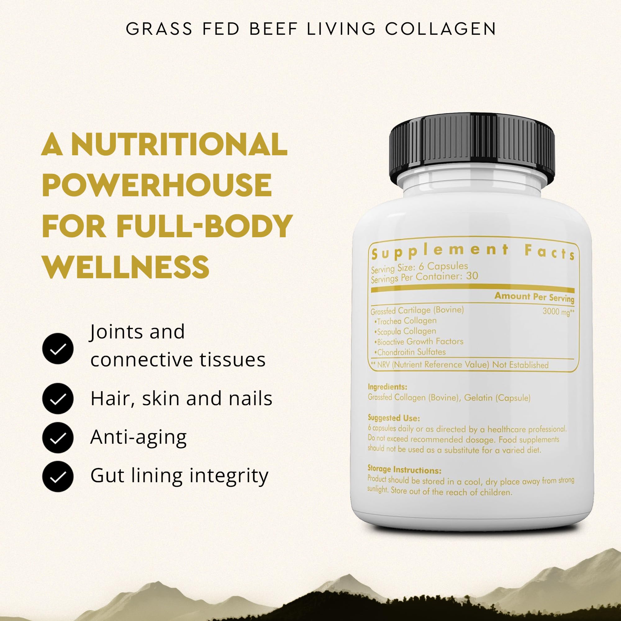 Ancestral Supplements Grass Fed Beef Living Collagen Nutritional Powder Supplement, 3000mg, Promotes Healthier, Younger Looking Skin, Hair, Nails and Joints, Type II, 180 Capsules Ancestral Supplements Au supplements