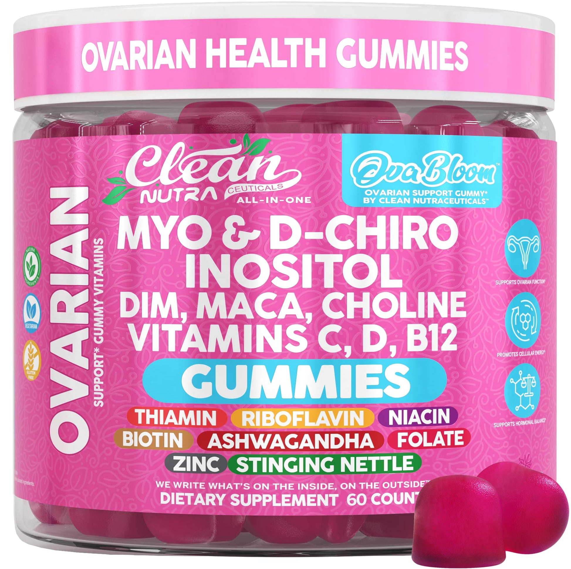 OVA Bloom Ovarian Support Gummies Myo Inositol D-Chiro Inositol Choline Flax Biotin Riboflavin Thiamin Niacin Ashwagandha DIM Maca Root Vitamin C D3 B12 Zinc 60 Count By Clean Nutra Clean Nutraceuticals Au supplements