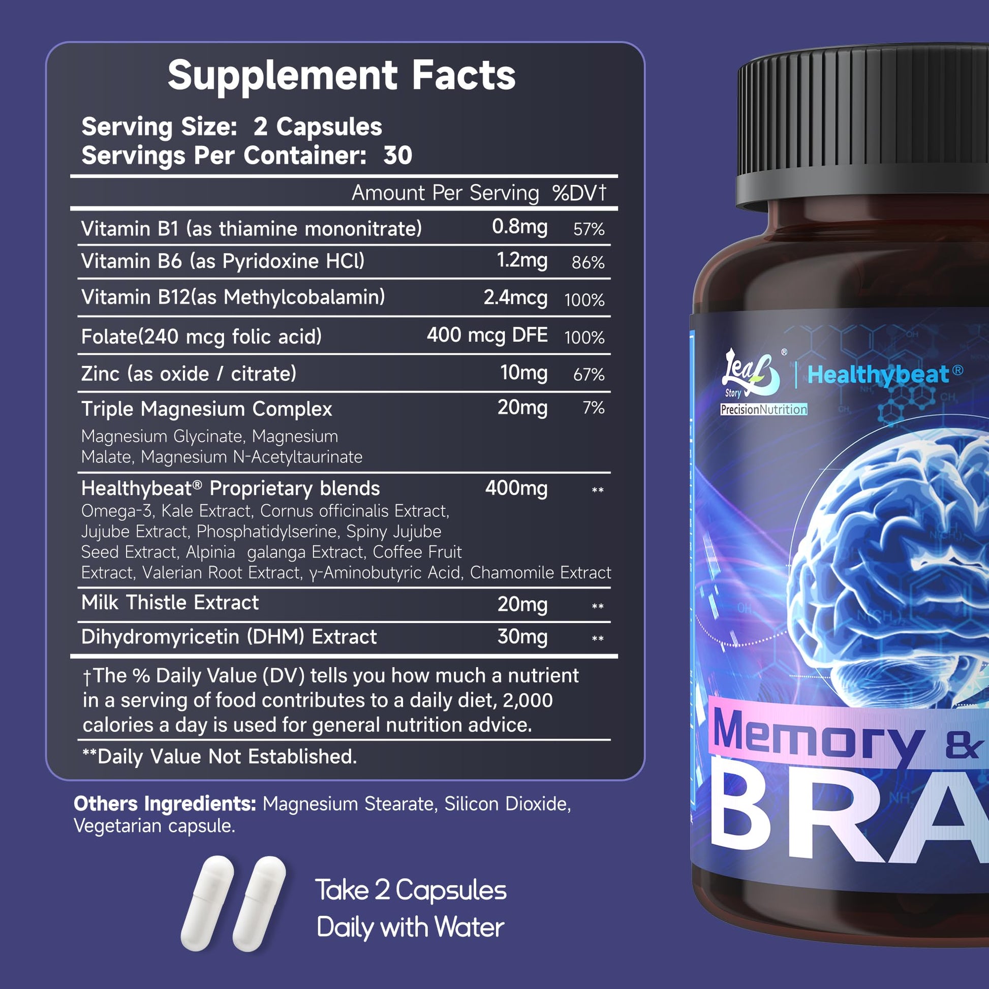 LeafStory Nootropic Brain Supplements for Memory and Focus, Cognitive Function for Mental Health & Clarity, Vitamin B6 B12, Folate & Dihydromyricetin, 60 Capsules LeafStory Au supplements