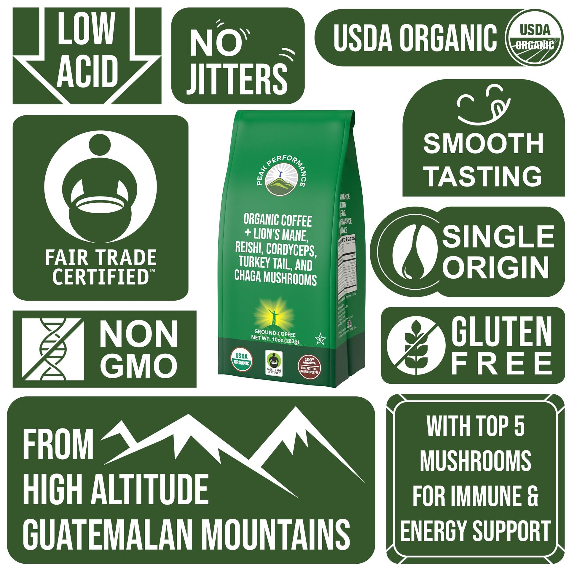Organic Low Acid Mushroom Coffee with Lion's Mane, Reishi, Cordyceps, Turkey Tail, and Chaga Mushrooms - Great Tasting Premium High Altitude Medium Roast Ground Bags 10 oz by Peak Performance Peak Performance Au supplements