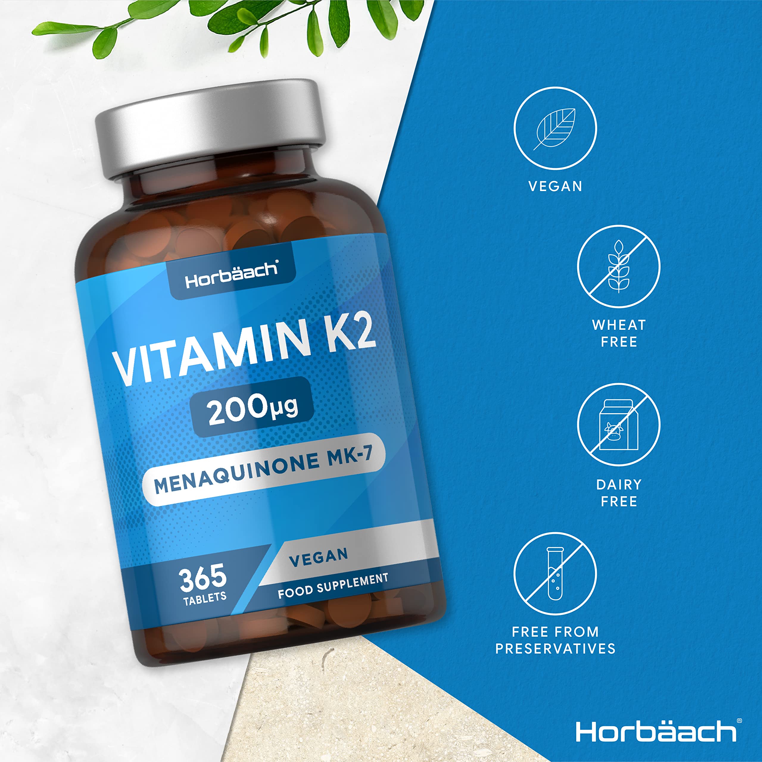 Vitamin K2 MK7 200ug | 365 Vegan Tablets | High Strength Menaquinone MK-7 Horbäach Au supplements