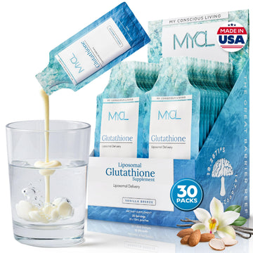 MYCL Liposomal Glutathione Supplement Squeeze Packs – Vitamin E and MCT Oil – Skin, Hair and Nail Health– High Absorption - Vanilla Almond – 30 Single-Serve Packets MYCL Au supplements