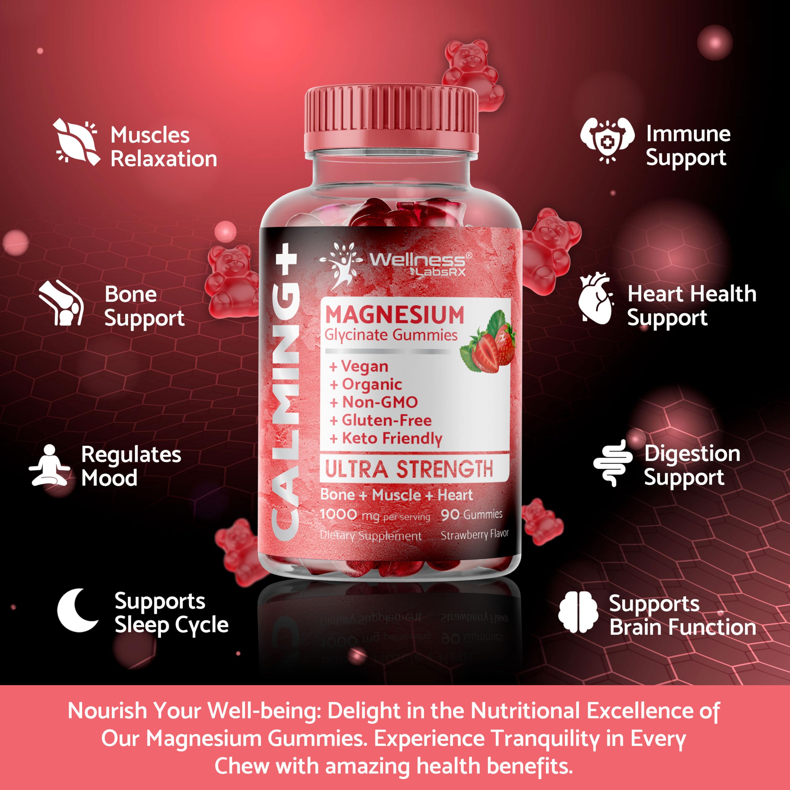 Magnesium Glycinate Gummies, 1000 mg - Magnesium Supplement to Support Relaxation, Heart Health - Chewable Calm Magnesio Gummies for Adults, Glicinato De Magnesio - Strawberry Flavor WELLNESS LABSRX Au supplements