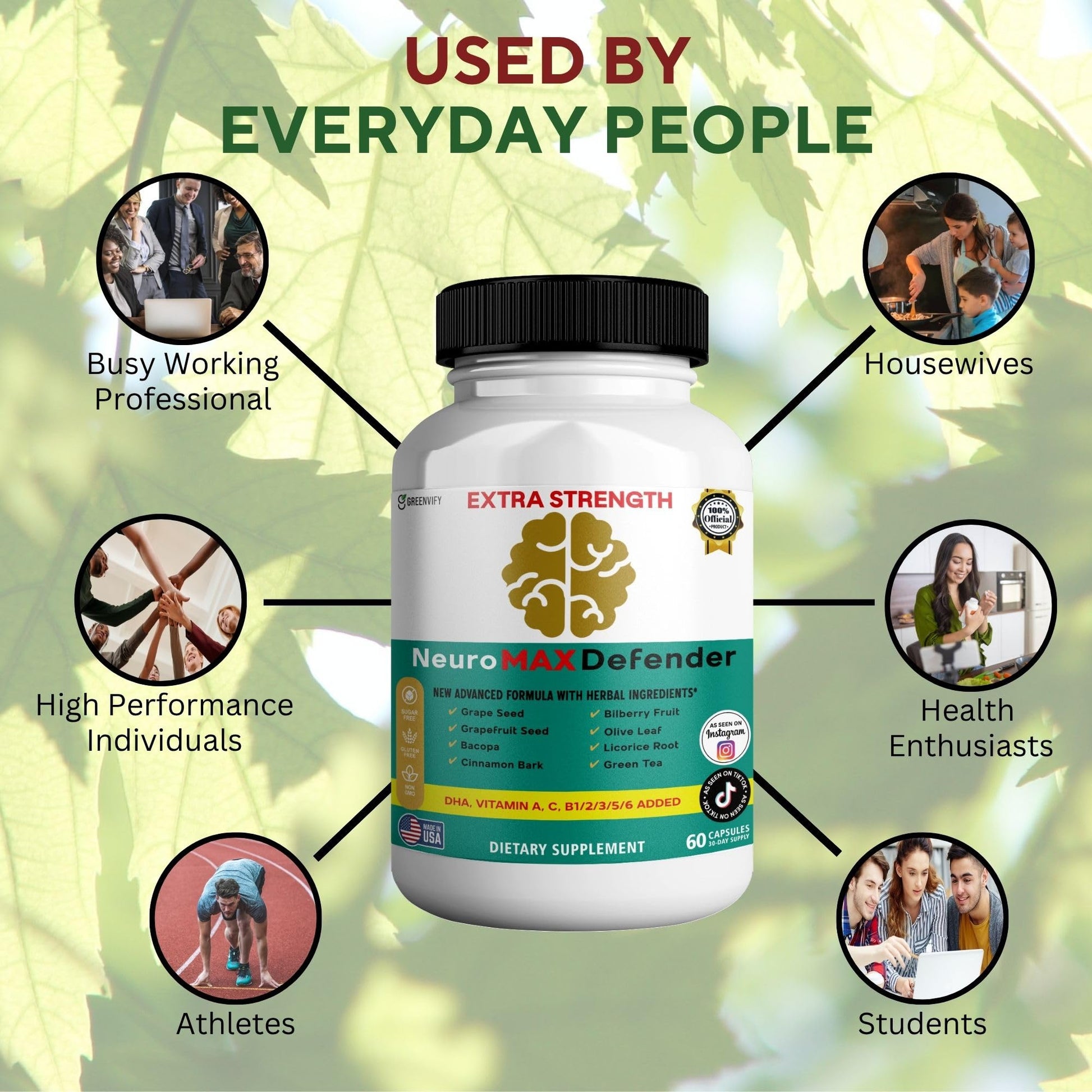 GREENVIFY NeuroMAX Defender Extra Strength Brain Support Supplement with Herbal Blend, 60 Capsules, DHA, B12, Vitamins A C D E, Selenium, 30-Day Supply (1) GREENVIFY Au supplements