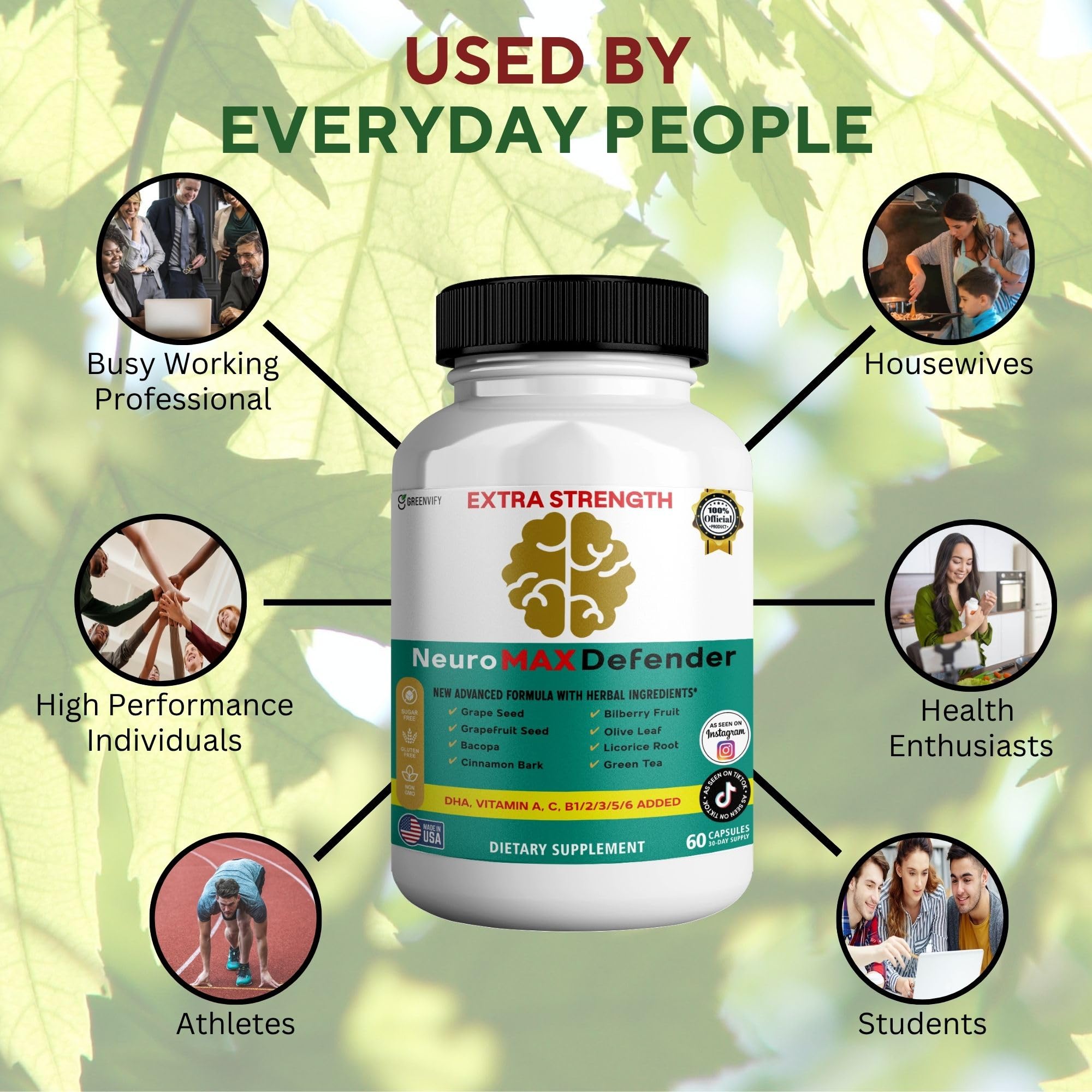 GREENVIFY NeuroMAX Defender Extra Strength Brain Support Supplement with Herbal Blend, 60 Capsules, DHA, B12, Vitamins A C D E, Selenium, 30-Day Supply (1) GREENVIFY Au supplements