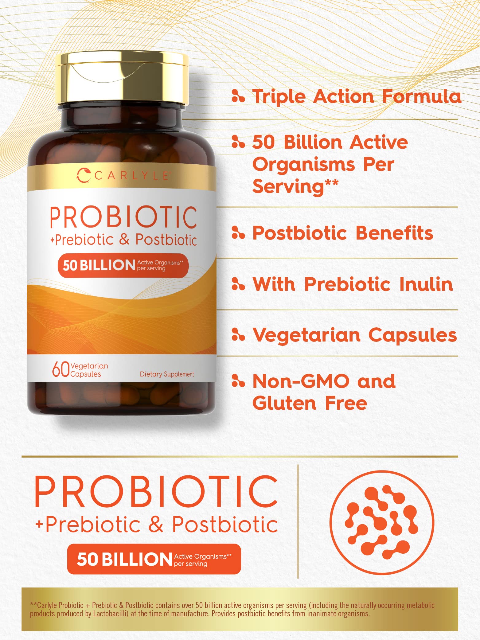 Carlyle Probiotic for Women and Men | 50 Billion CFU | 60 Capsules | Plus Prebiotic and Postbiotic | Complex Supplement | Vegetarian, Non-GMO, and Gluten Free Carlyle Au supplements