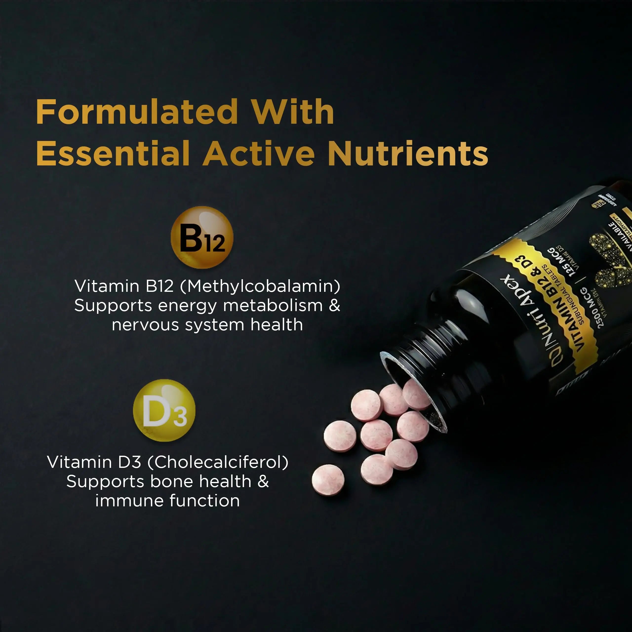 Nutri Apex Vitamin B12 & D3 Sublingual Tablets - 2500 mcg B12 & 125 mcg (5000 IU) D3 - Highly Bioavailable for Energy, Mood & Bone Health - Lab-Tested Nutri Apex Au supplements