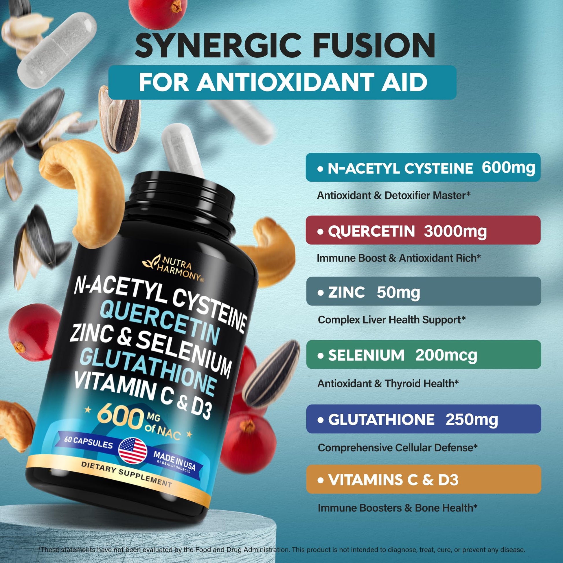 NAC 600 mg Supplement | Quercetin | Zinc | Glutathione | Selenium | Vitamin C & D3 NUTRAHARMONY Au supplements