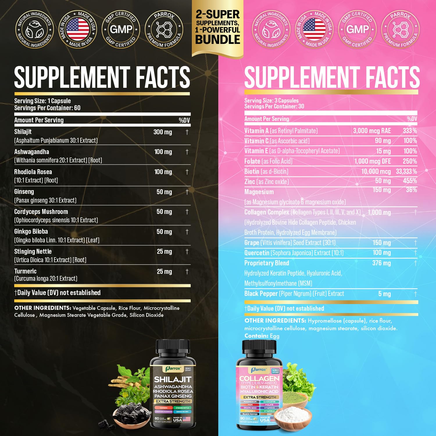 Parrox Adaptogen & Beauty Bundle – Rhodiola, Panax Ginseng, Ashwagandha, Cordyceps, Turmeric, Collagen, Biotin, Keratin, MSM, Hyaluronic Acid, Zinc, Quercetin, Vitamin C, A & E, Folate, Magnesium Parrox Au supplements