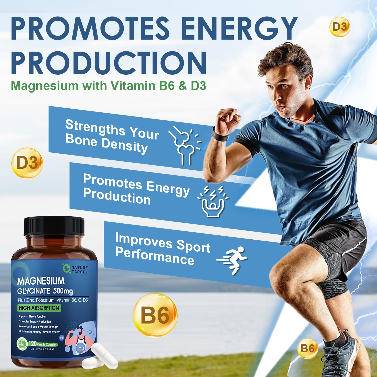 NATURE TARGET Magnesium Glycinate 500mg, Chelated Magnesium with Zinc & Vitamin D3 for Muscle, Nerve & Bone, Support Heart Health & Leg Cramp, Strength Immune System - 120 Capsules NATURE TARGET Au supplements