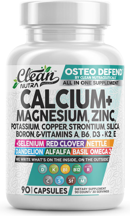 Allin1 Calcium Magnesium Zinc Supplement with Potassium, Copper, Strontium, Silica, Vitamin D3 K2, Boron, Vitamin B1 B12 Red Clover Herb Alfalfa Basil Pills for Men Clean NutraceuticalsUS supplements
